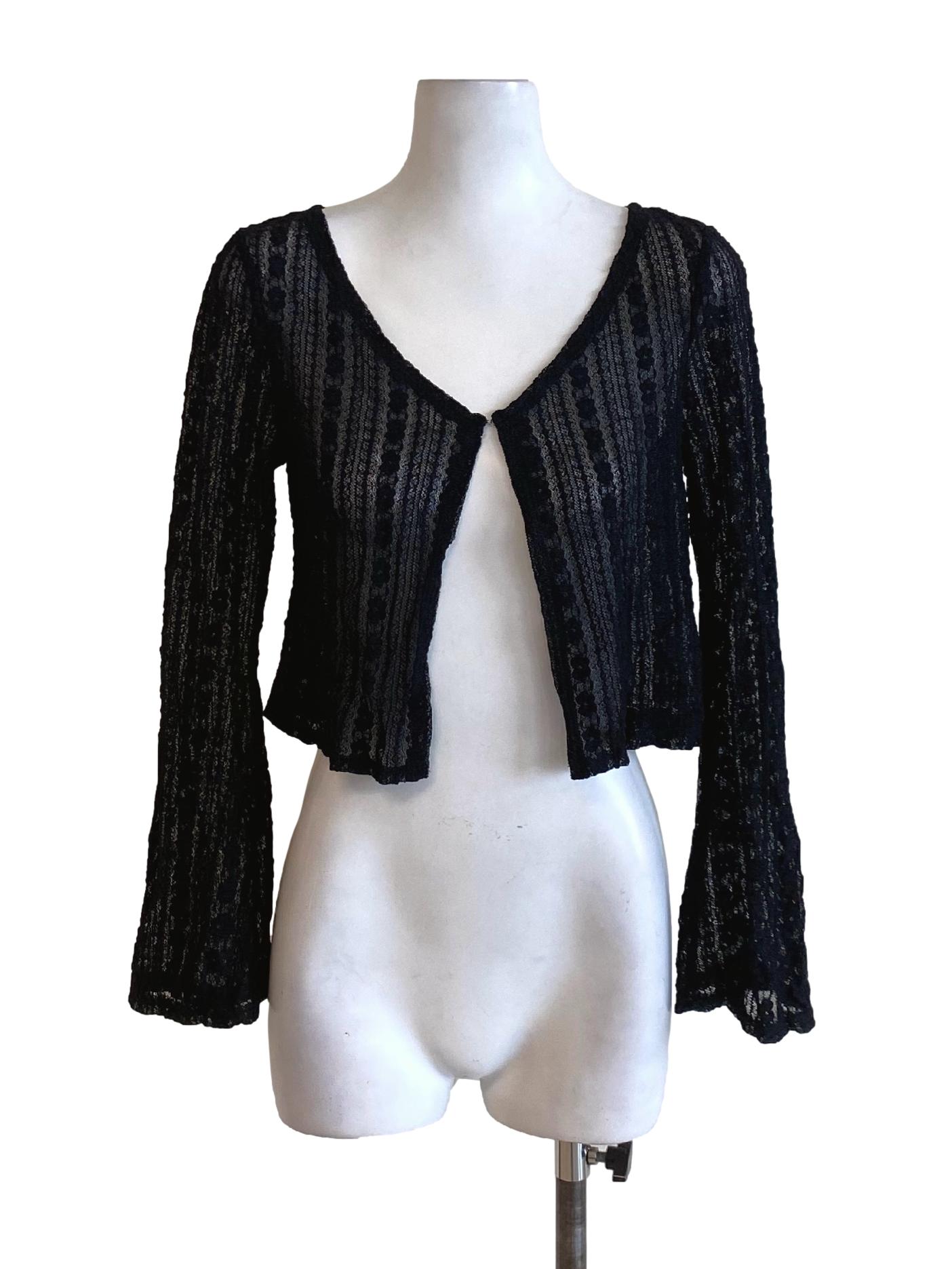 Matte Black Buttoned Long Cape Sleeve Mesh Cropped Cardigan