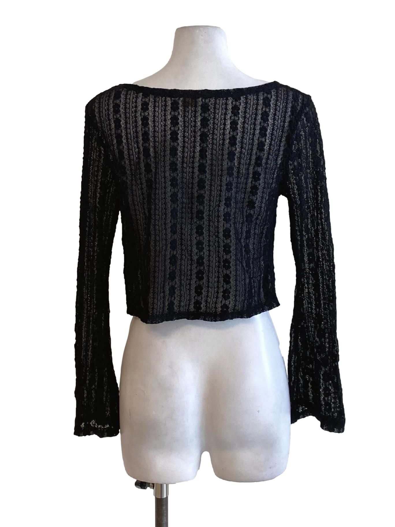 Matte Black Buttoned Long Cape Sleeve Mesh Cropped Cardigan