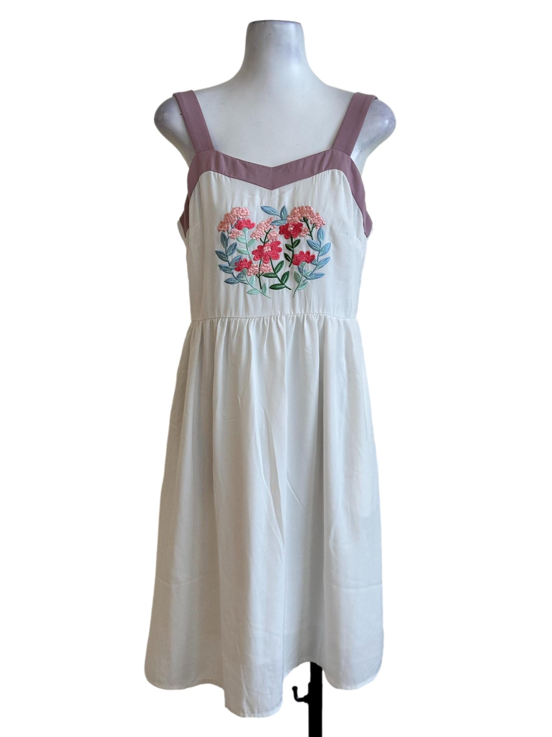 Porcelain White Flower Embroidered Midi Dress