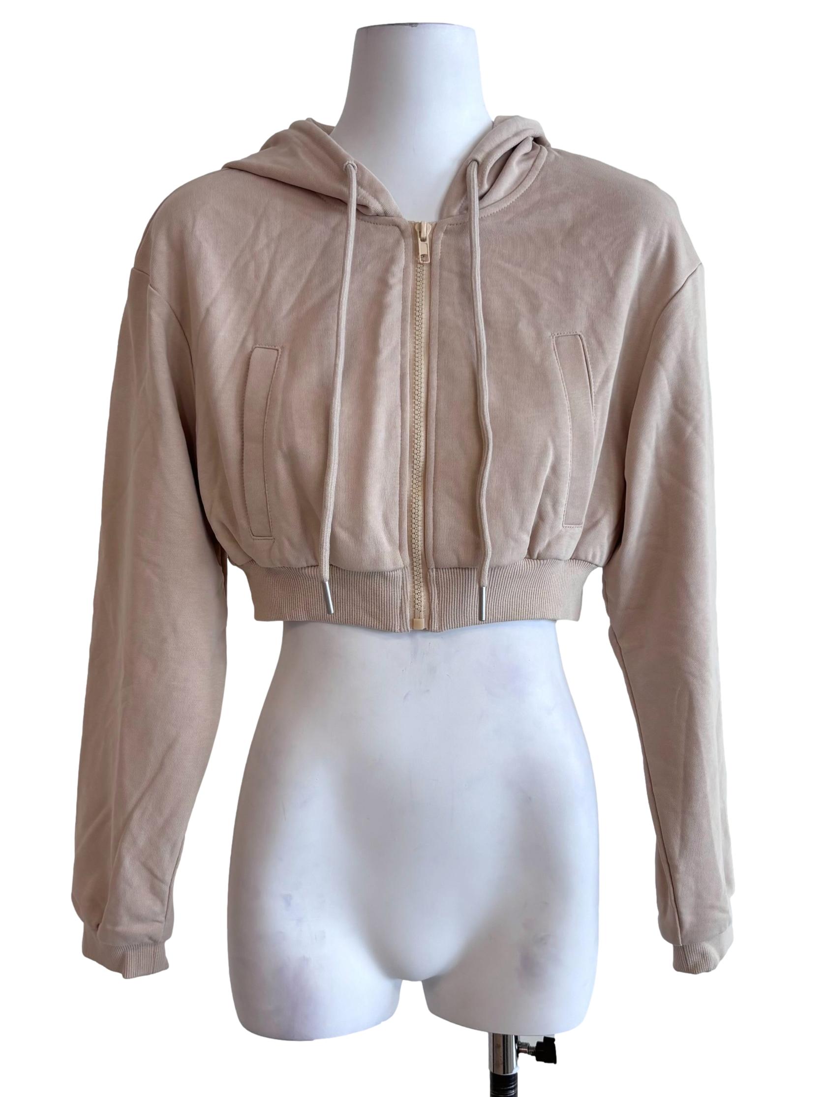Brown Beige Crop Zipped Hoodie