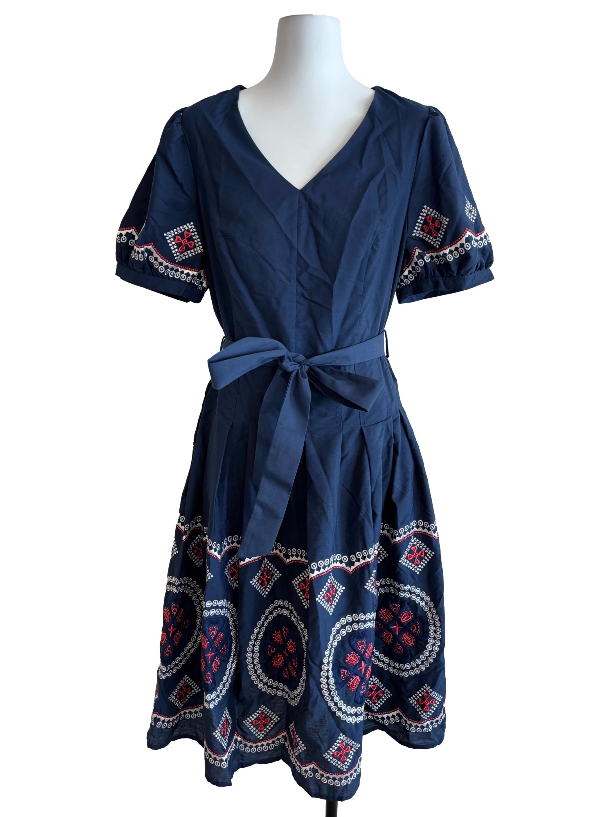 Blue Black Embroidered Pattern Dress
