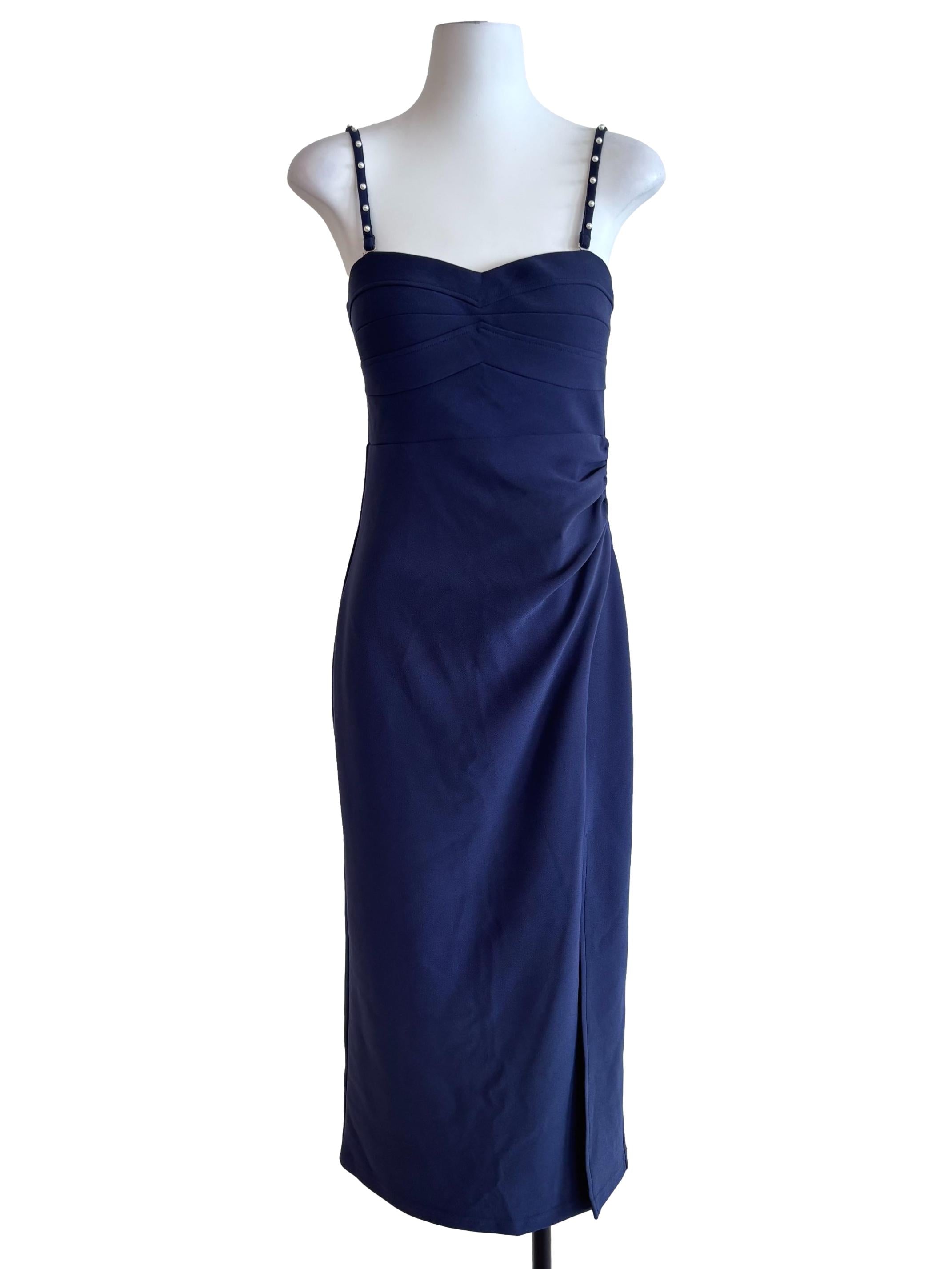 Navy Blue Pearl Strap Slit Dress