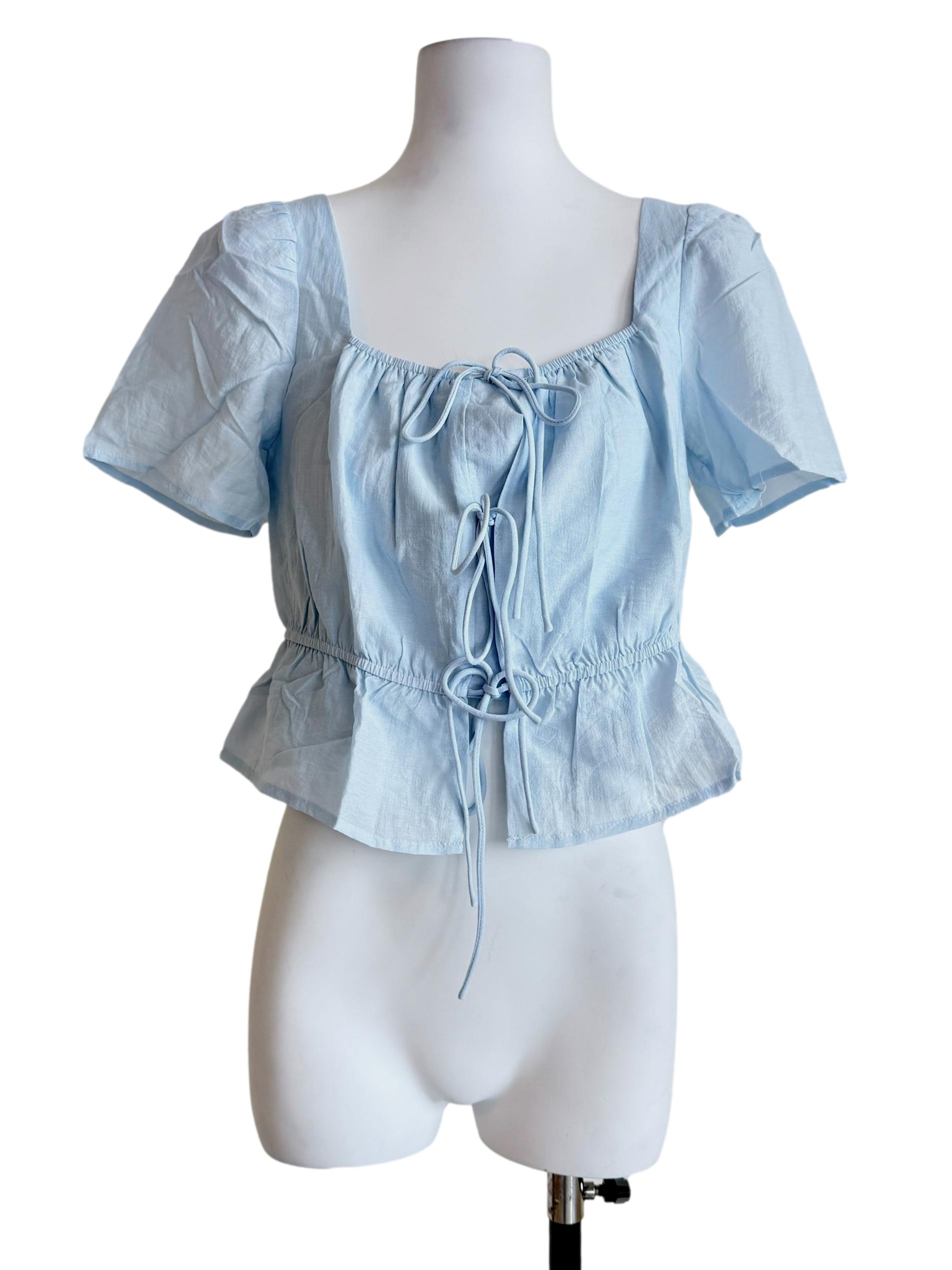 Blue Avalynn Tie Front Sleeve Top