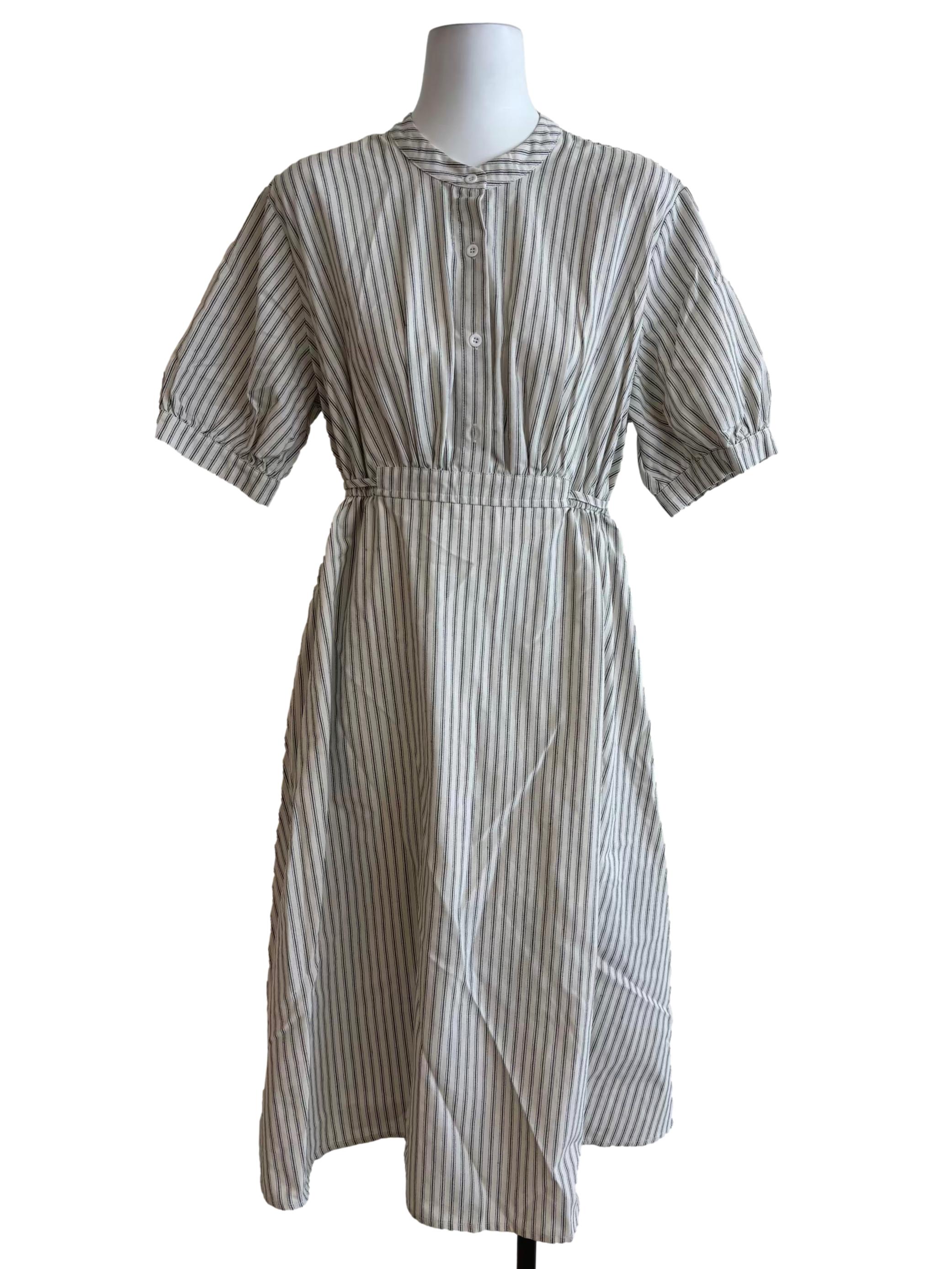 Alabaster White & Black Stripe Half Button Shirt A-Line Dress