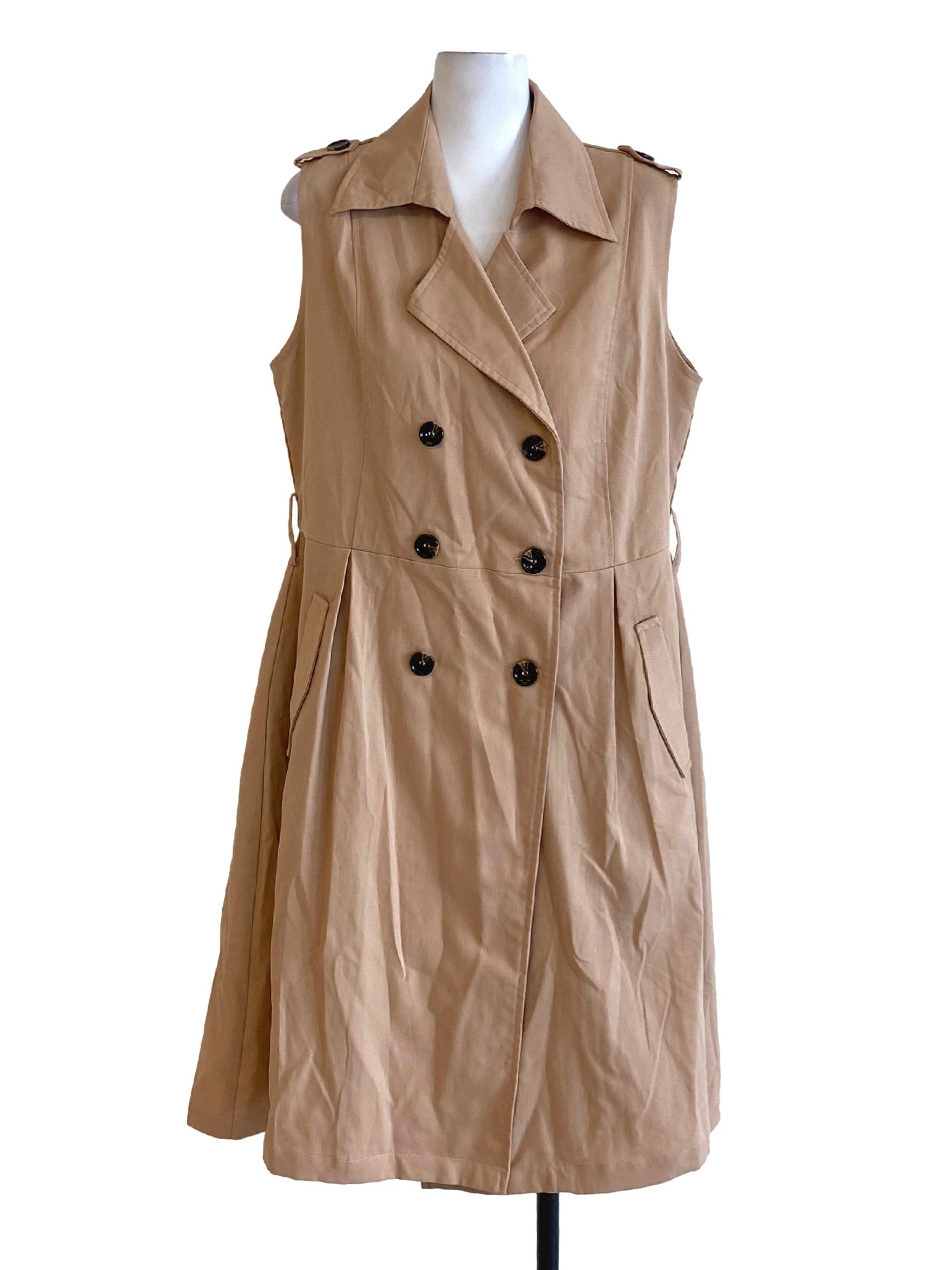 Dark Tortilla Brown Double Breasted Collared Sleeveless Shift Dress