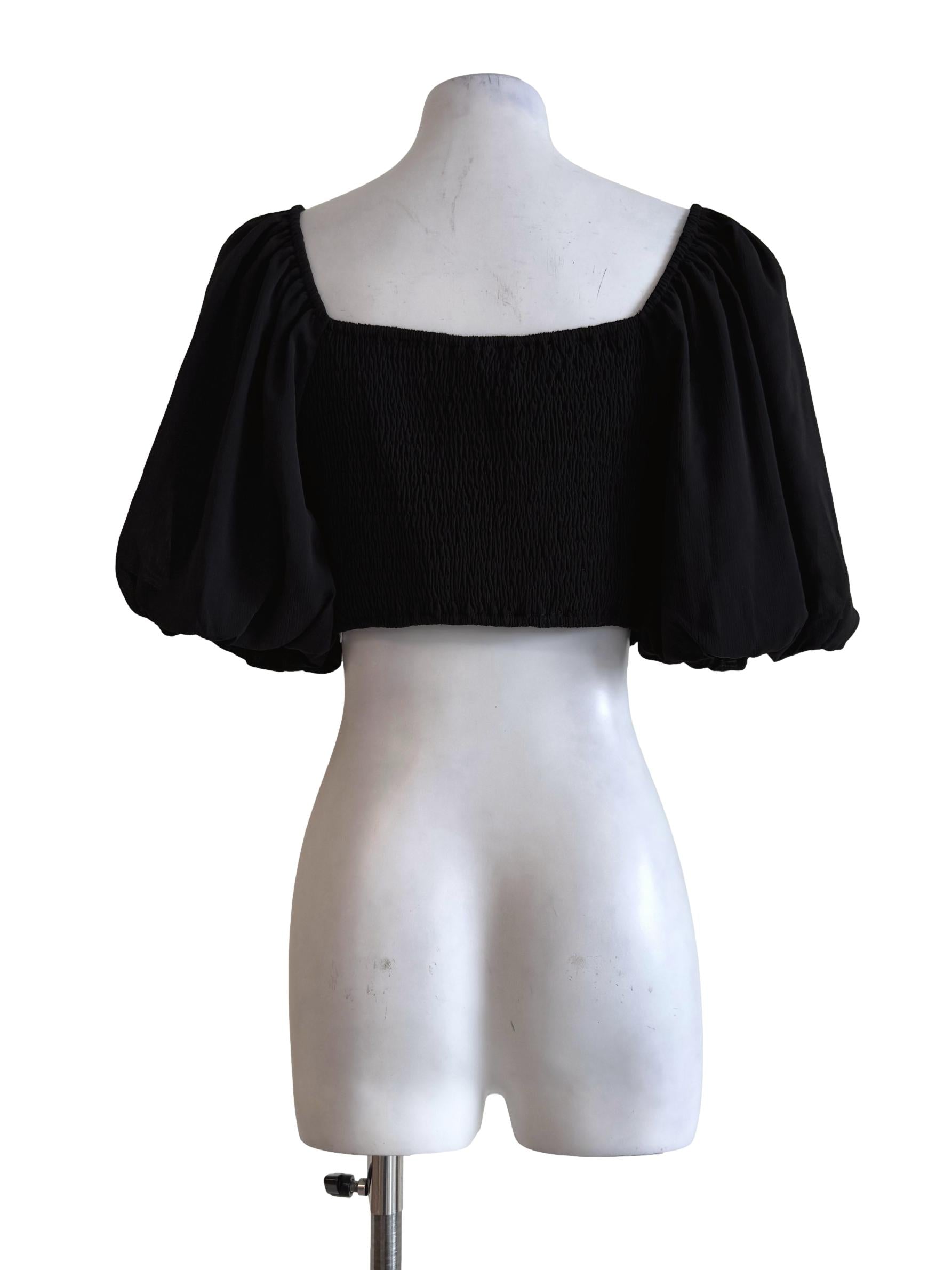 Textured Black Queen Anne Neck Crop Top