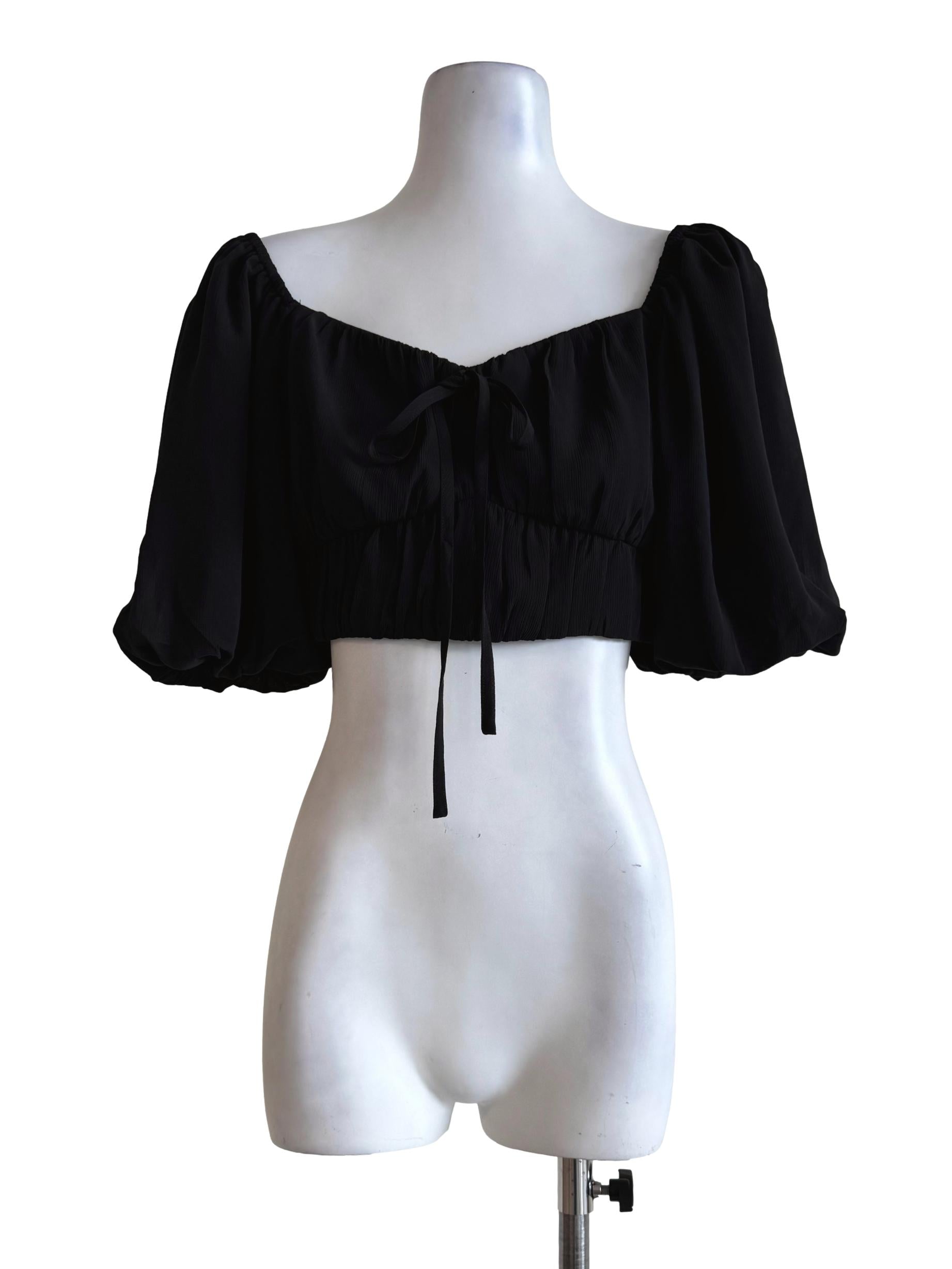 Textured Black Queen Anne Neck Crop Top