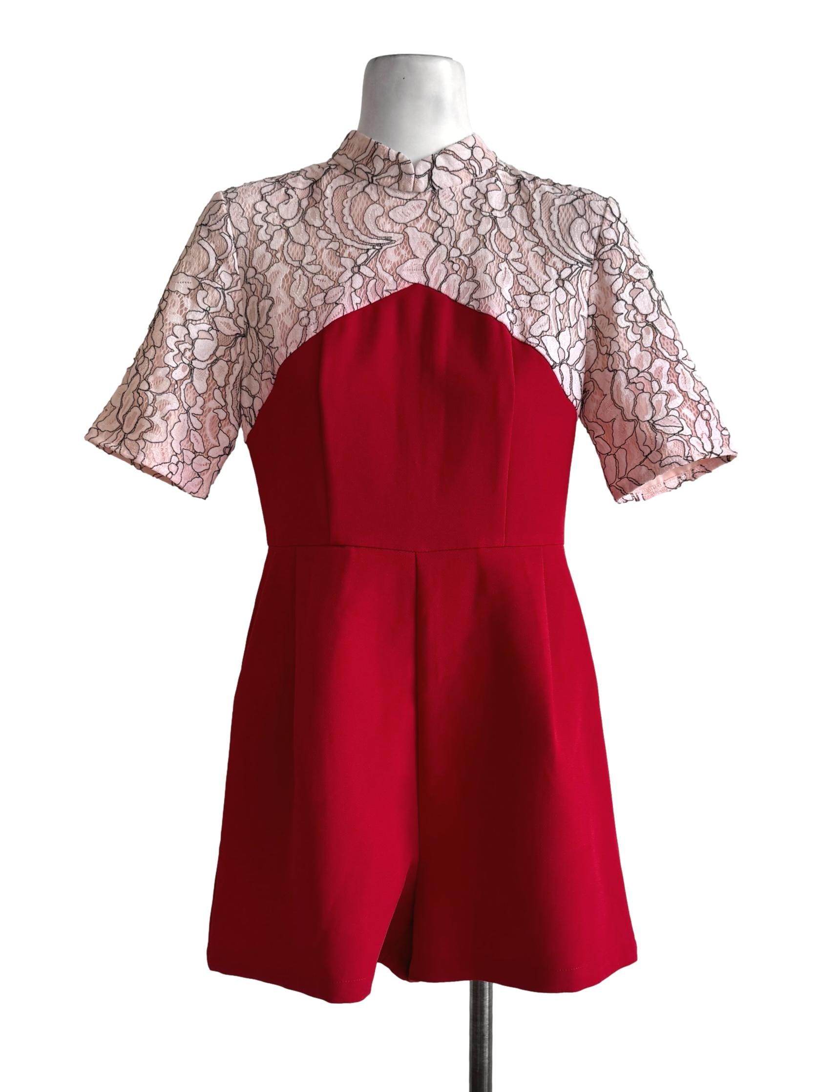 Bright Red With Peach Lace Romper