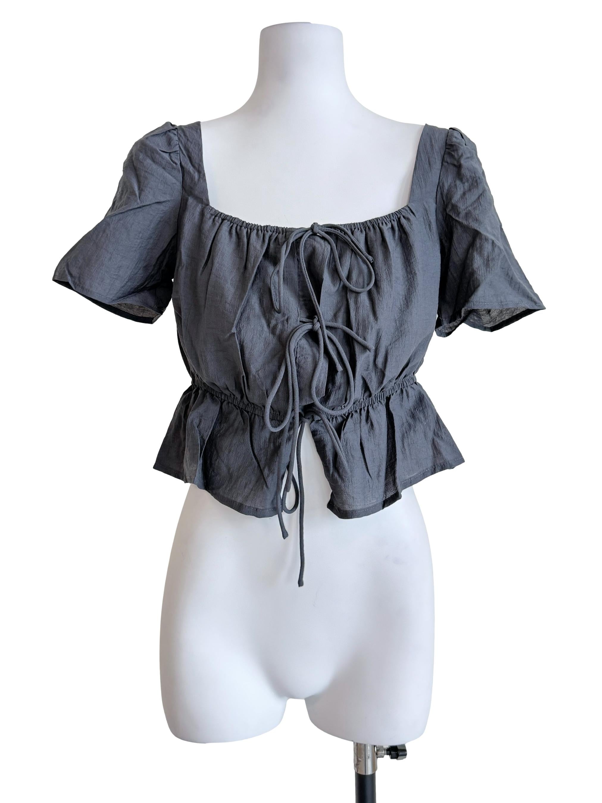Grey Avalynn Tie Front Sleeve Top