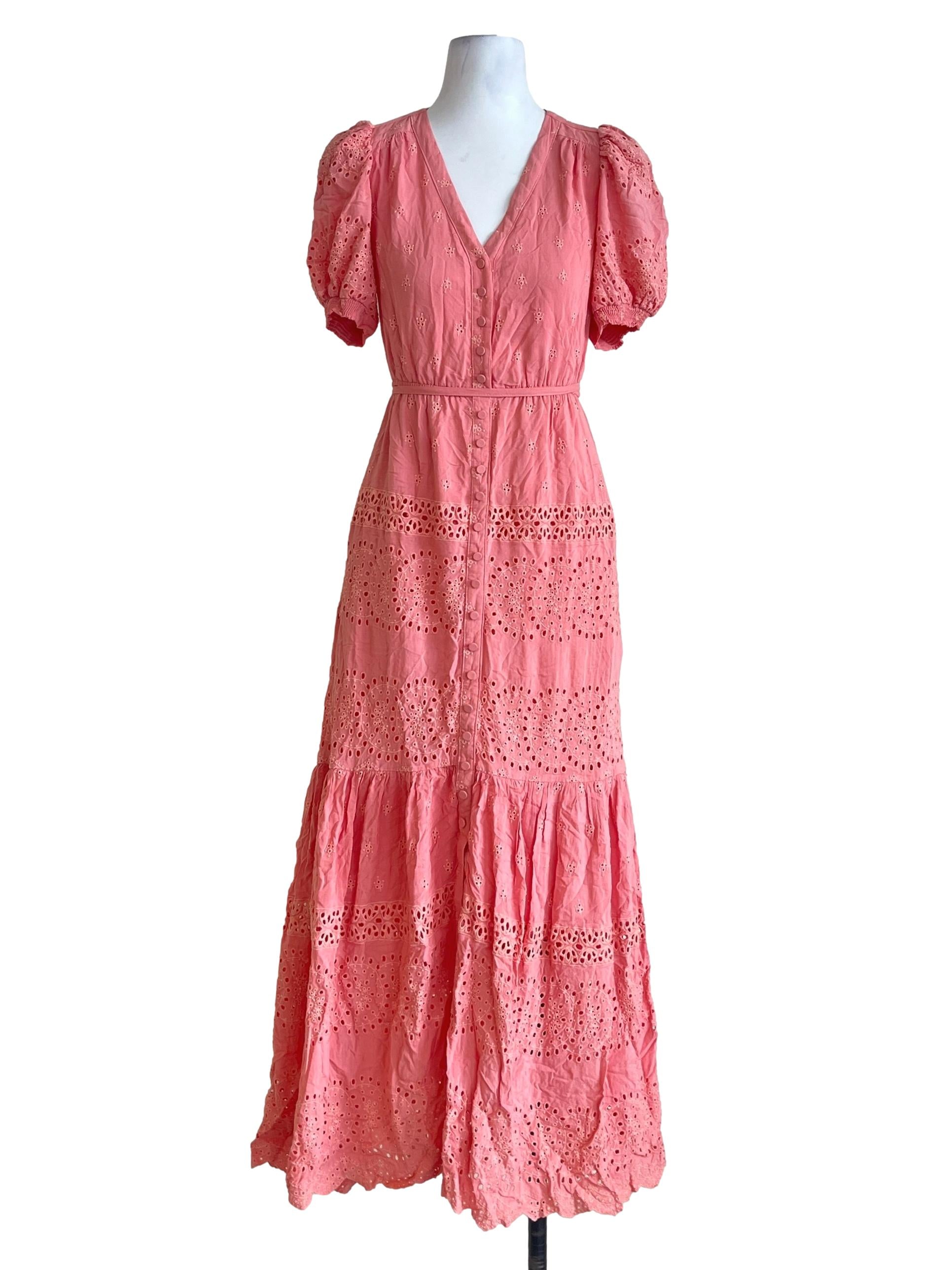 Coral Pink V-Neck Lace Maxi Dress