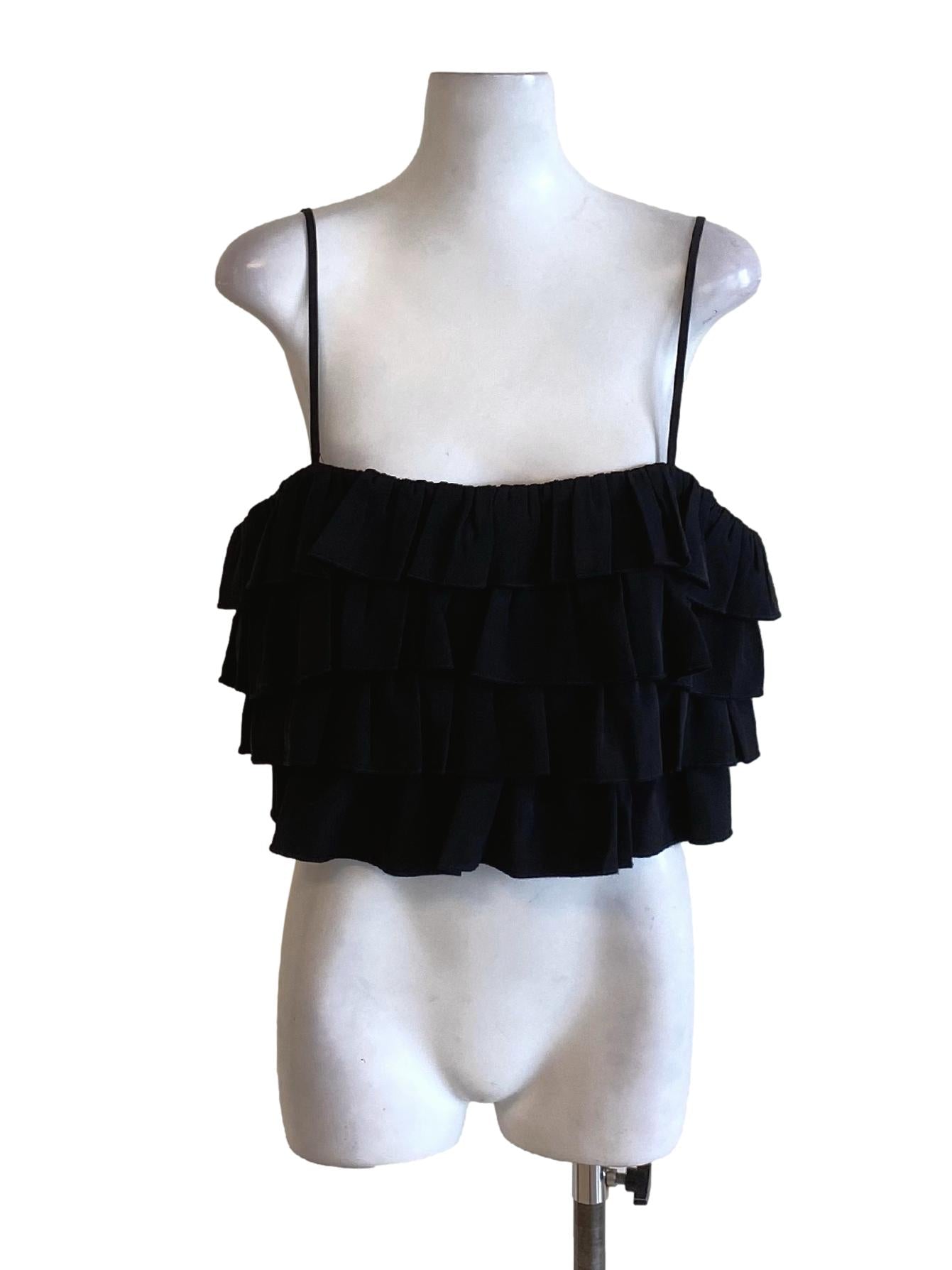 Jade Black Spaghetti Strap Ruffle Tiered Cropped Top
