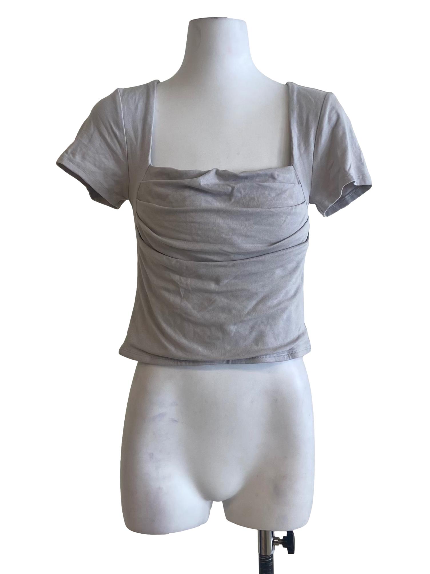 Cloud Grey Twill Square Neck Blouse
