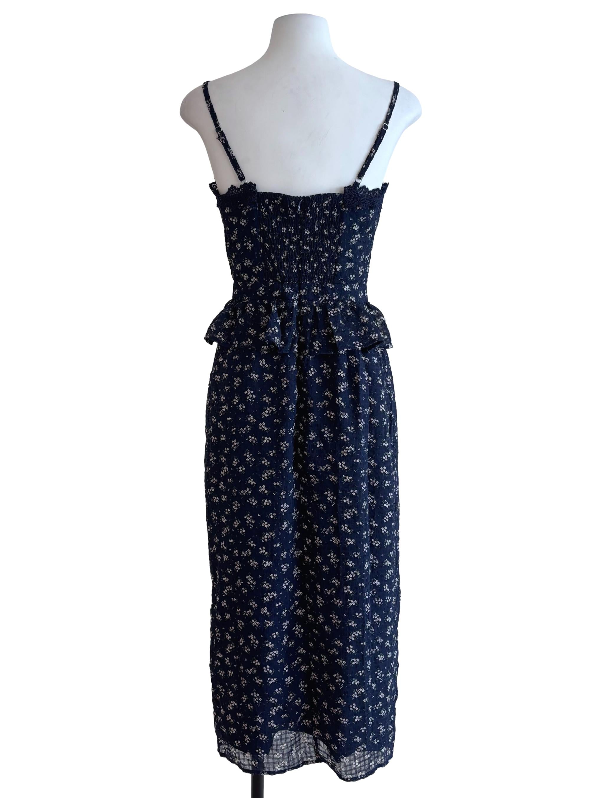 Navy Blue Floral Lace Hem Dress