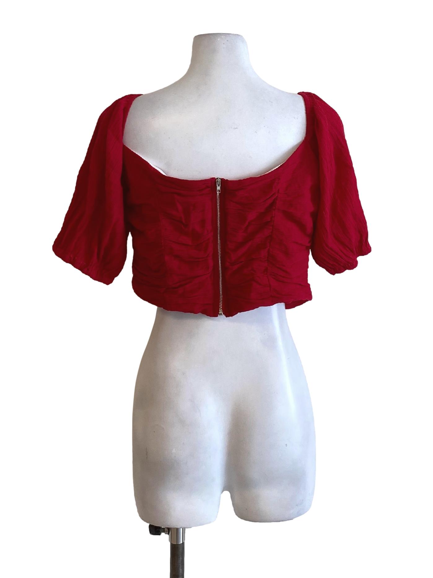 Blood Red Drape Front Flowy Peasant Cropped Top YHF