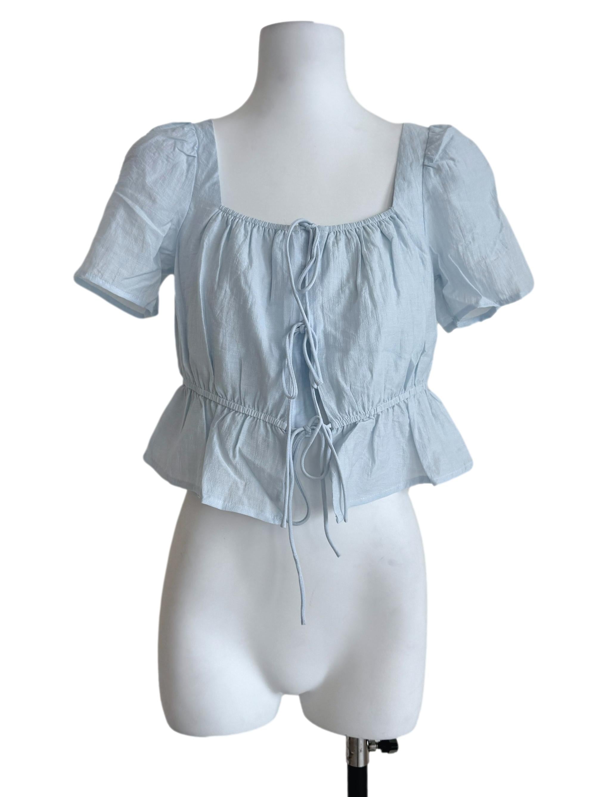 Blue Avalynn Tie Front Sleeve Top