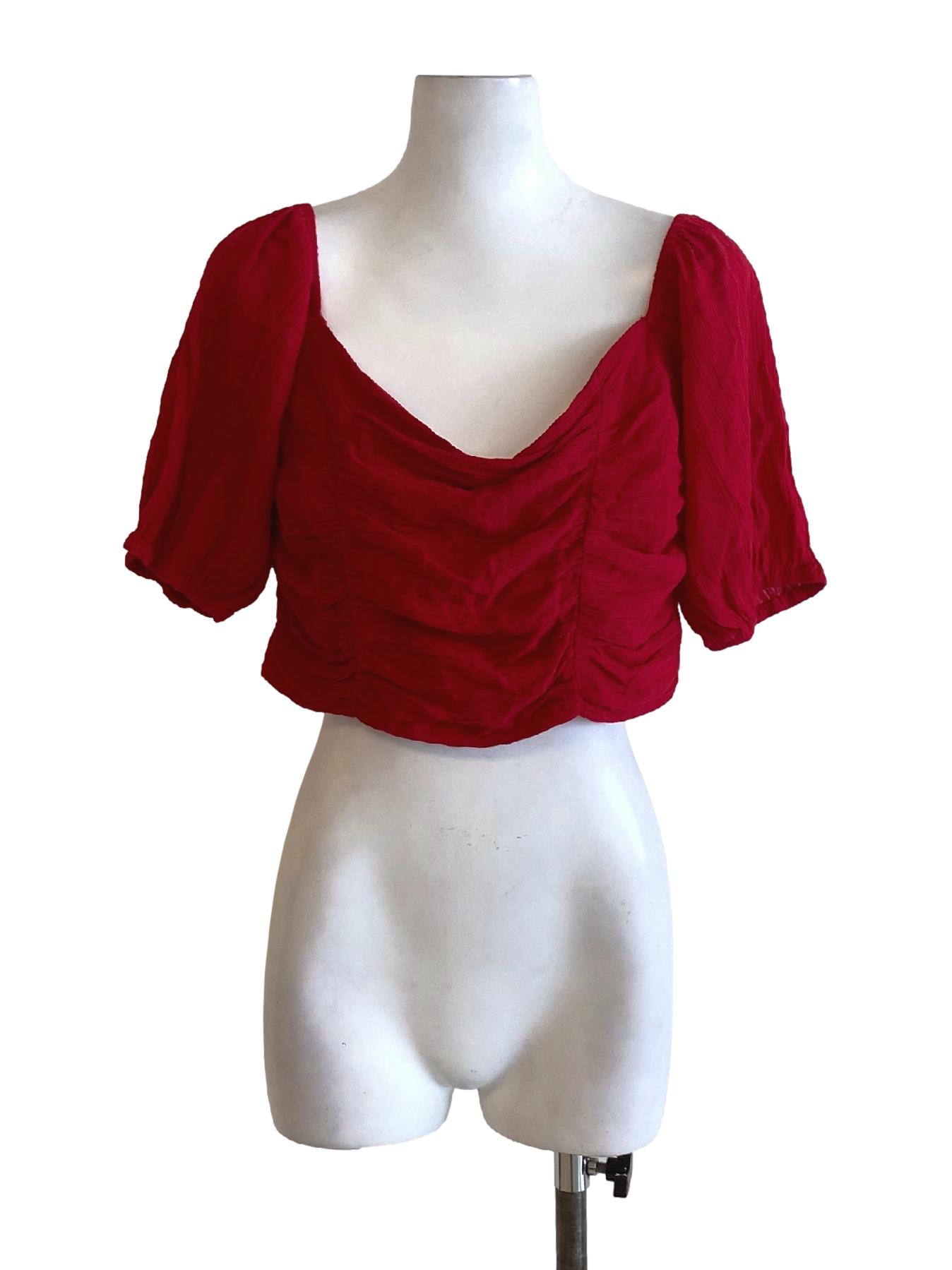 Blood Red Drape Front Flowy Peasant Cropped Top YHF
