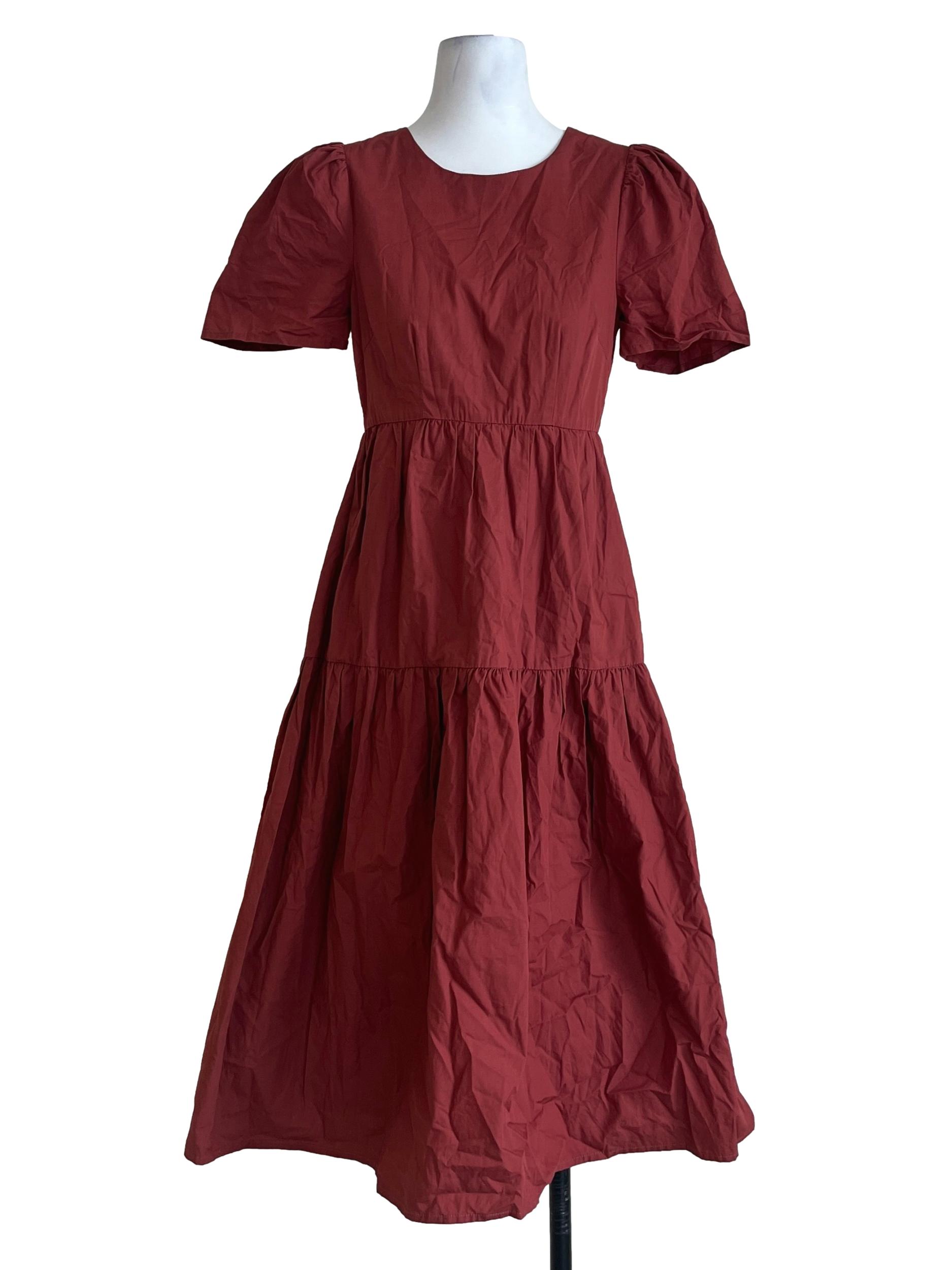 Brick Red Halter Puff Sleeve Tiered Dress