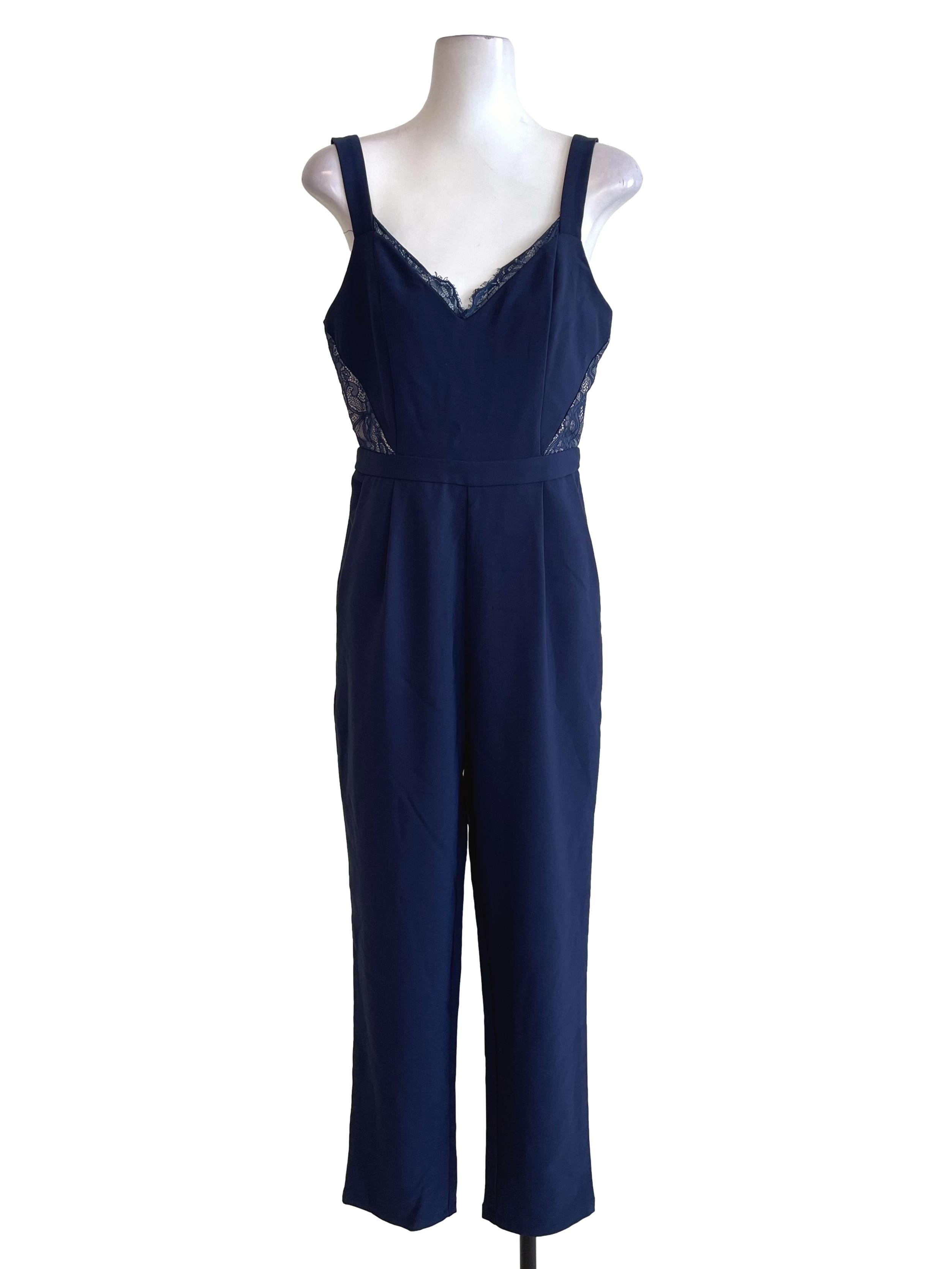 Navy Lace V Neck Formal Jumpsuit