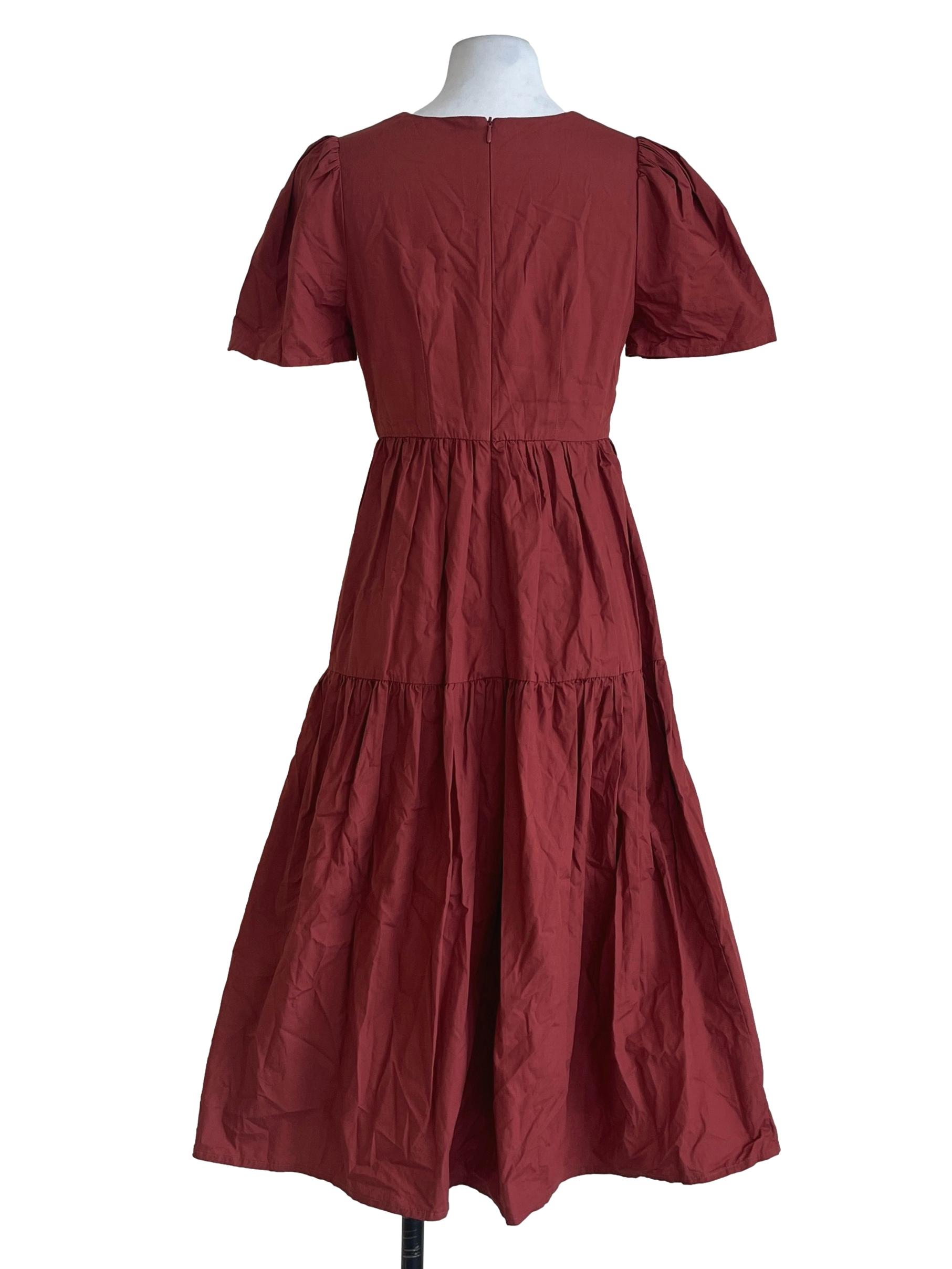 Brick Red Halter Puff Sleeve Tiered Dress