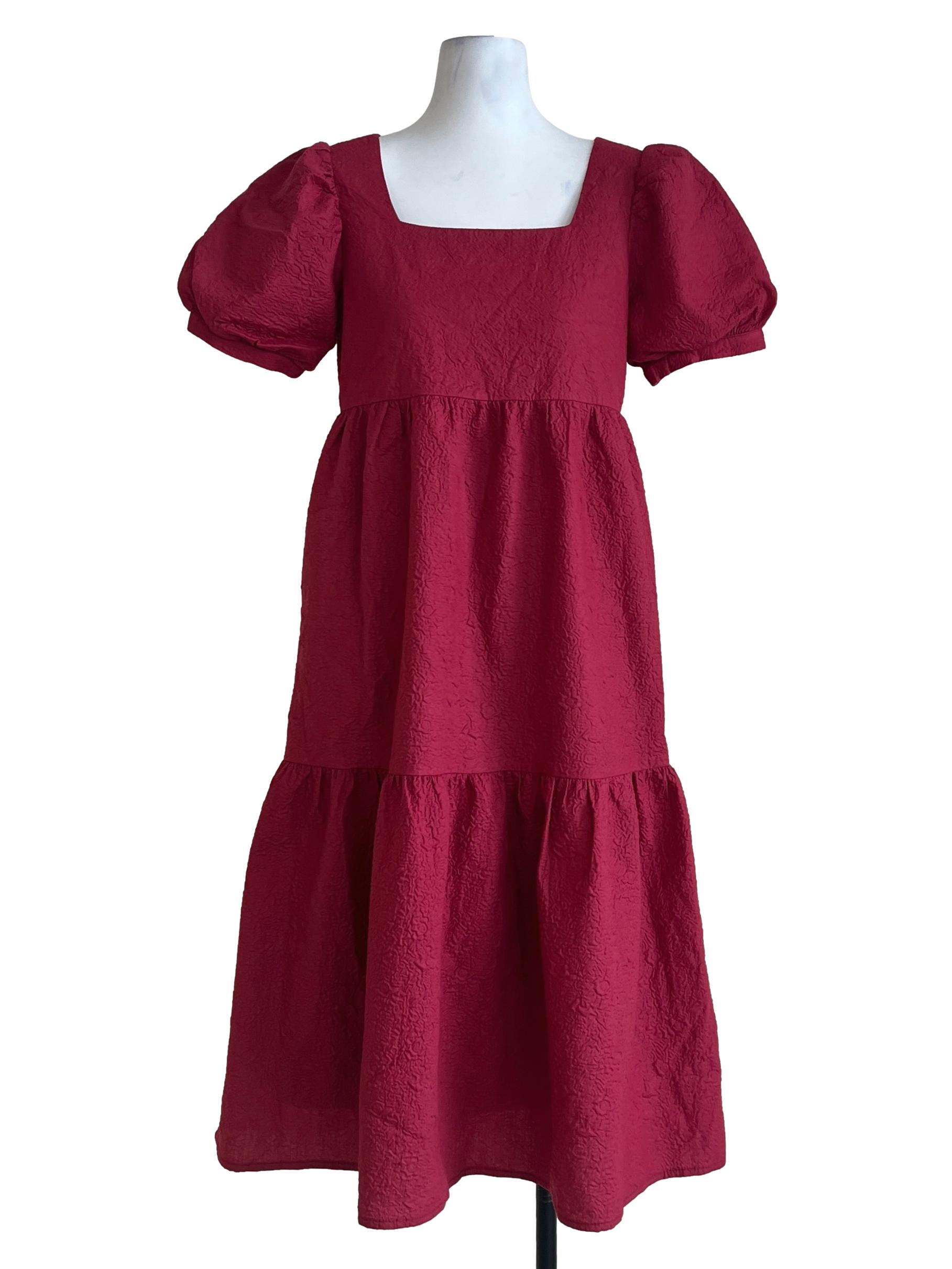 Ruby Red Square Puff Sleeve Tiered Dress