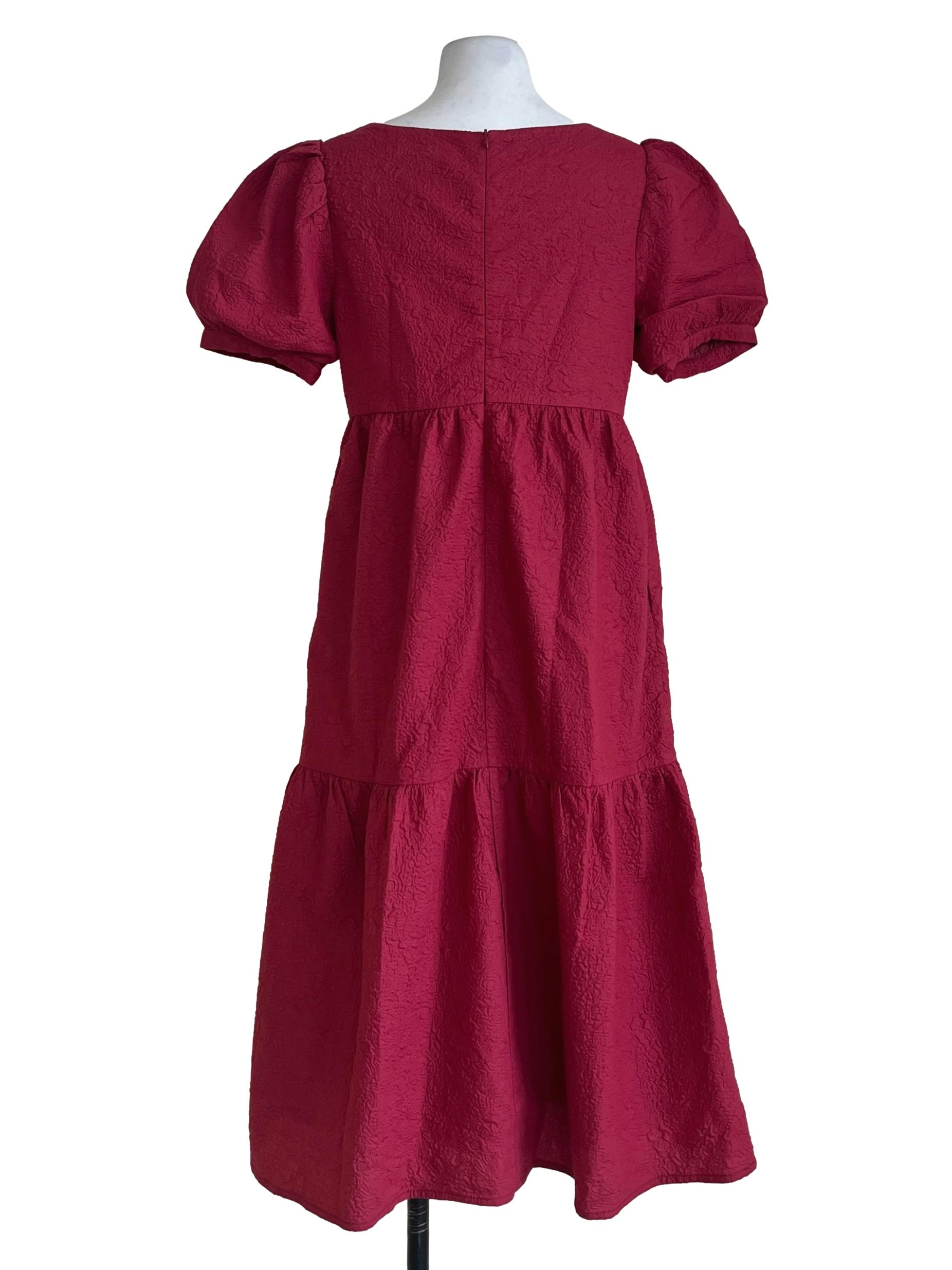 Ruby Red Square Puff Sleeve Tiered Dress