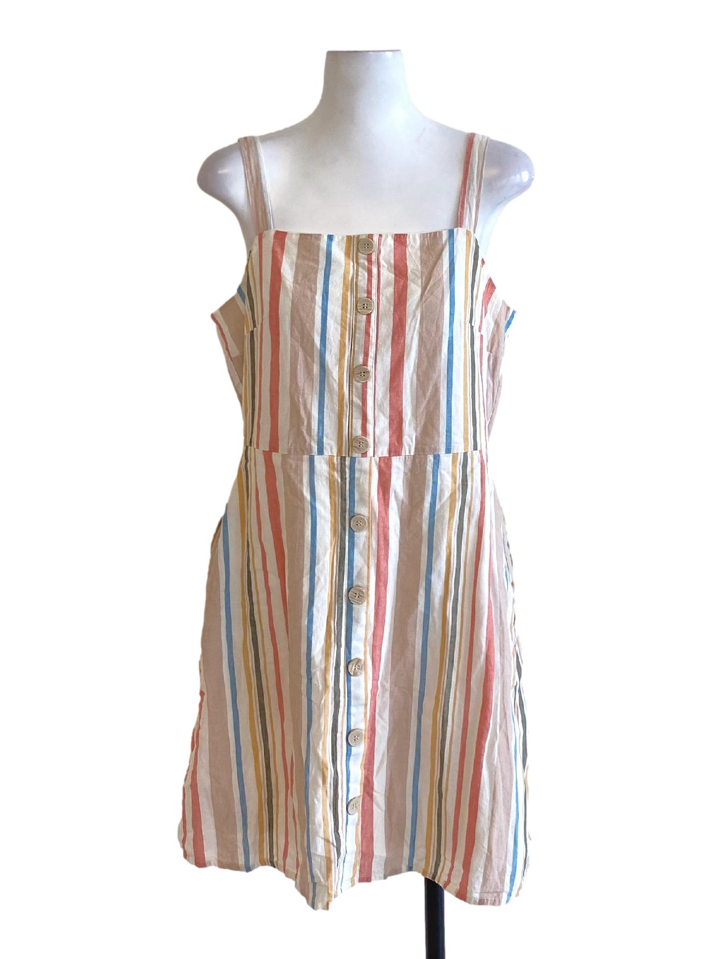 Colour Block Stripes Square Neck Buttoned Down A-Line Dress