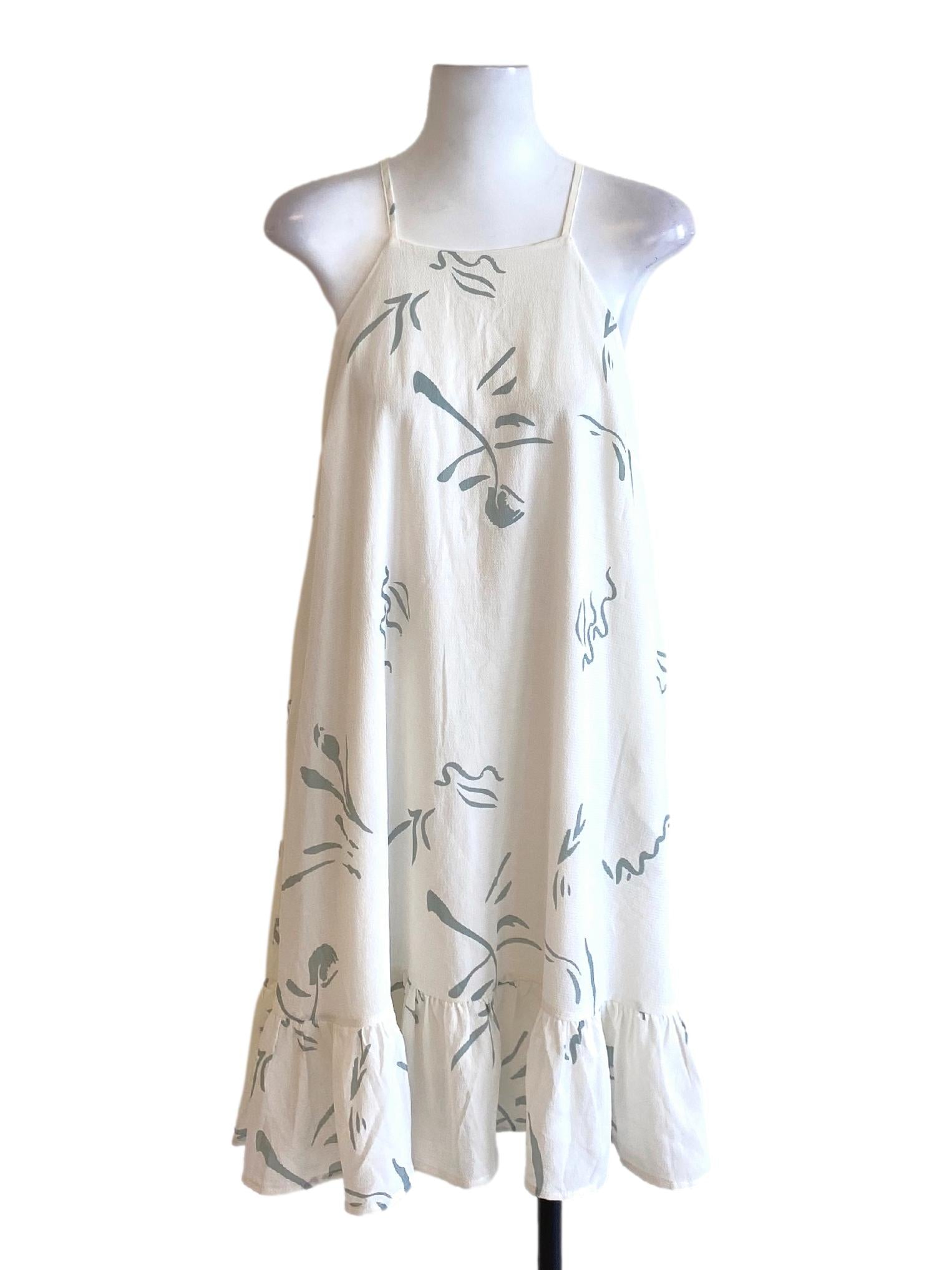 Chiffon White Printed Square Neck Drop Waist Slip Dress