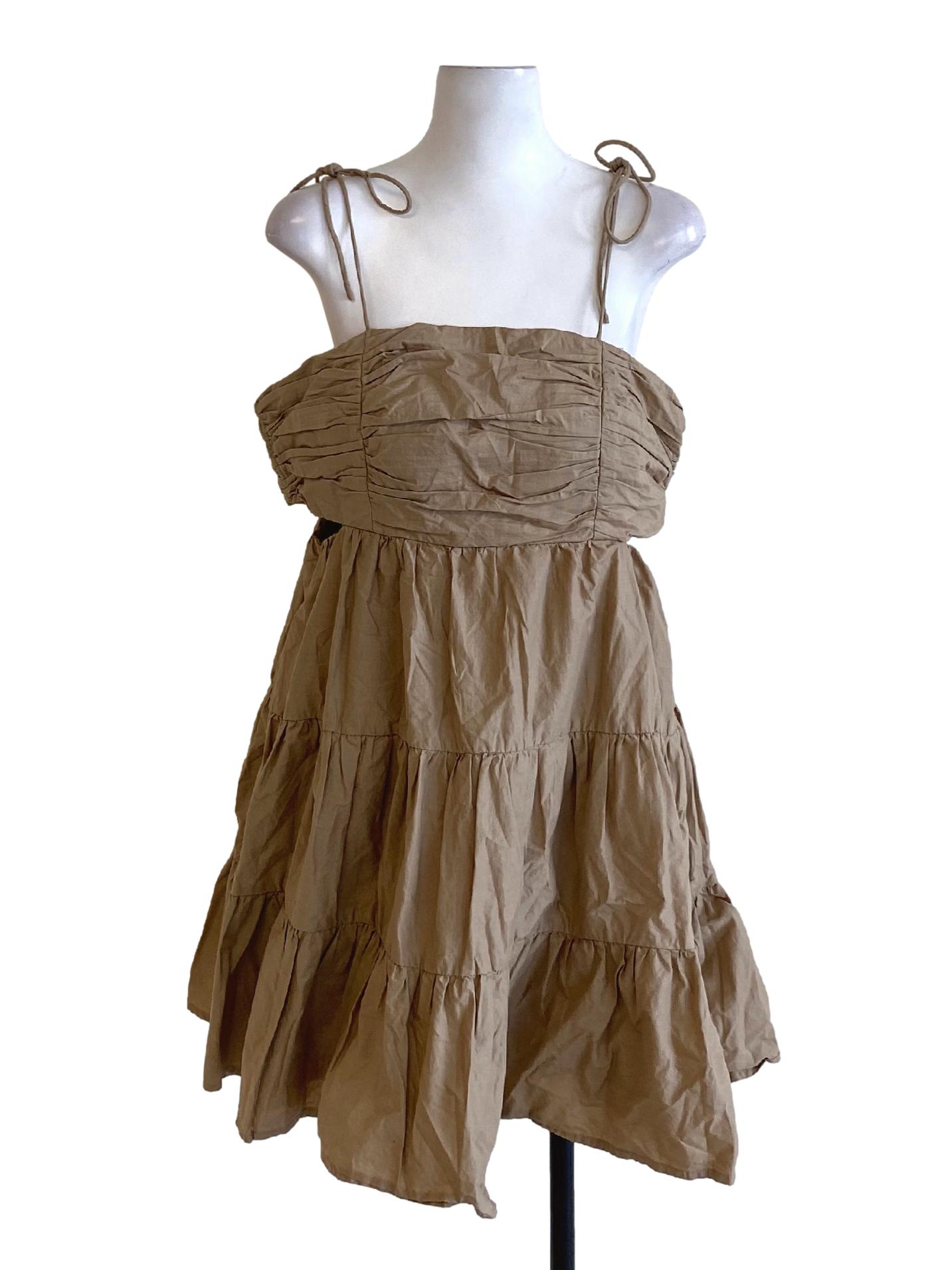 Cedar Brown Tie Strap Tiered A-Line Dress