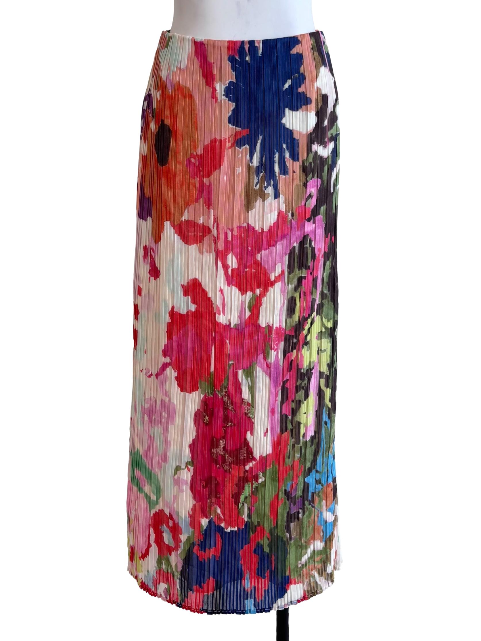 Multicolor Prints Elastic Georgette Pleated Mid Waist Column Maxi Skirt