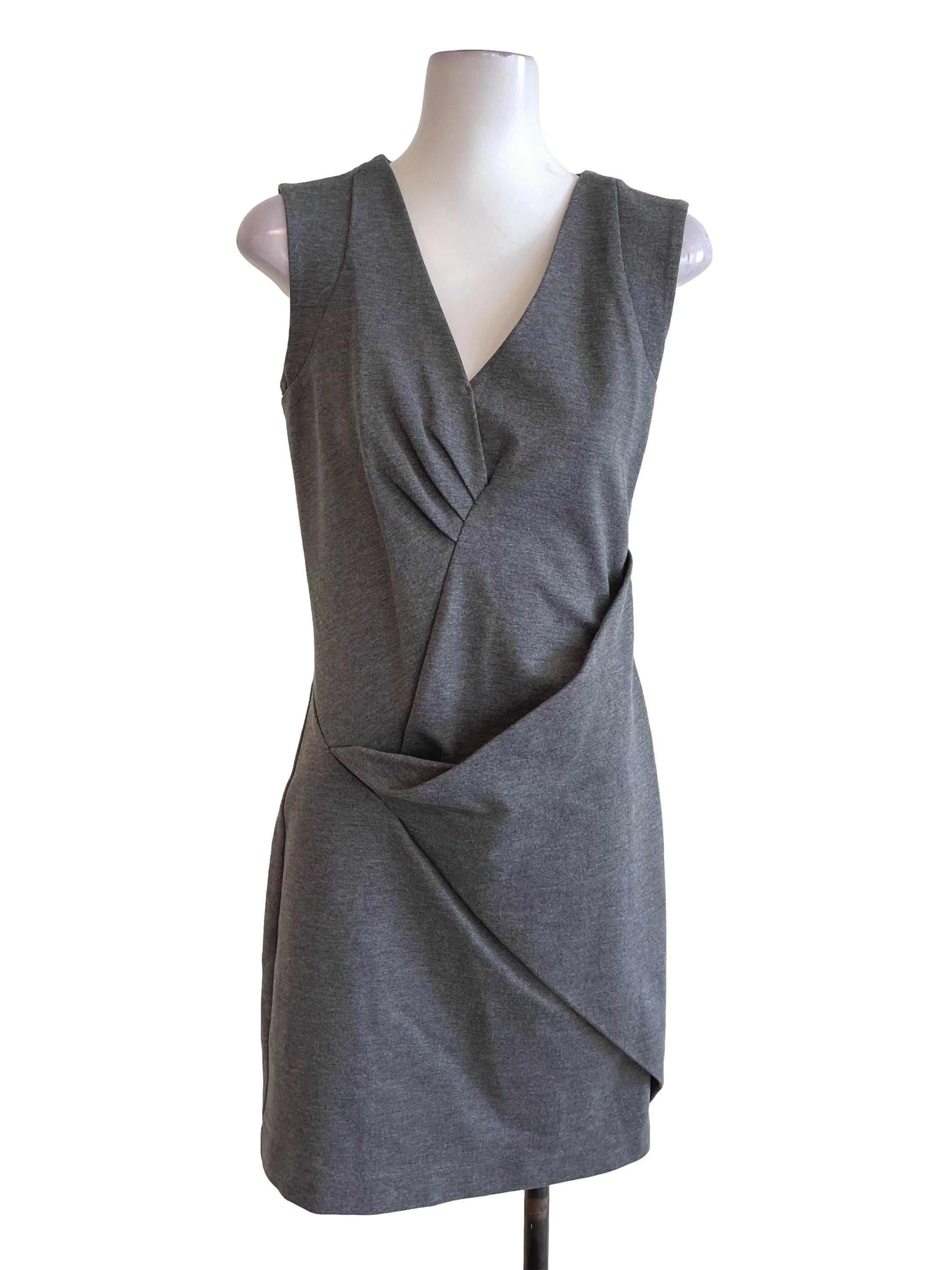 Grey Draped V Neck Dress