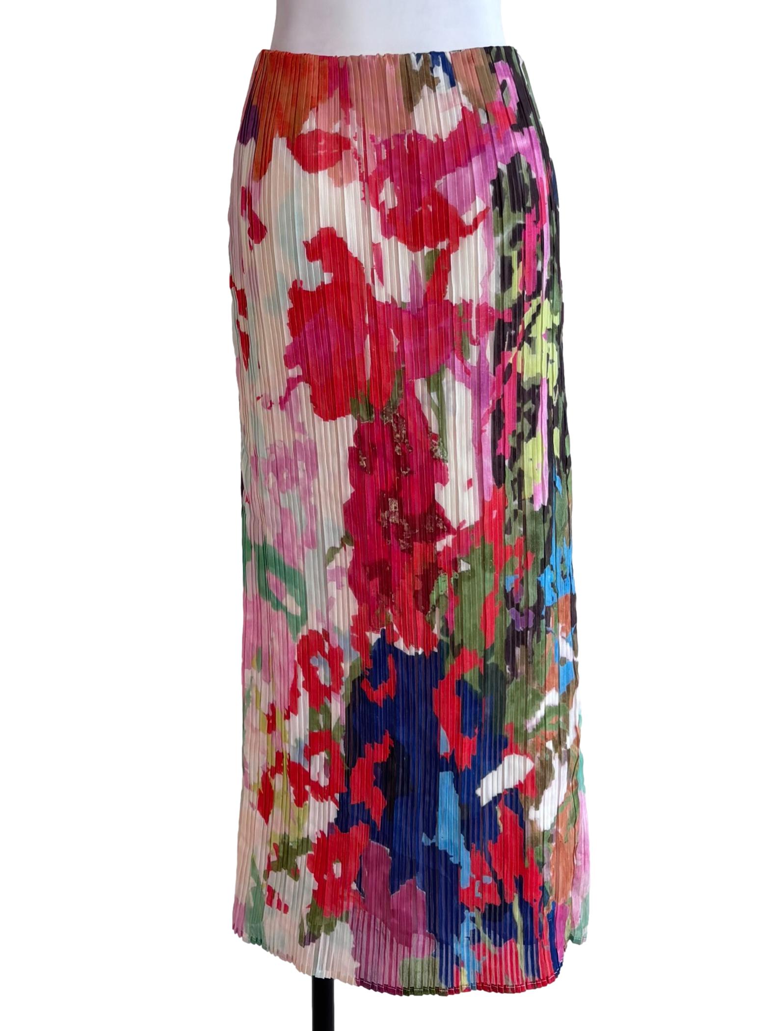 Multicolor Prints Elastic Georgette Pleated Mid Waist Column Maxi Skirt