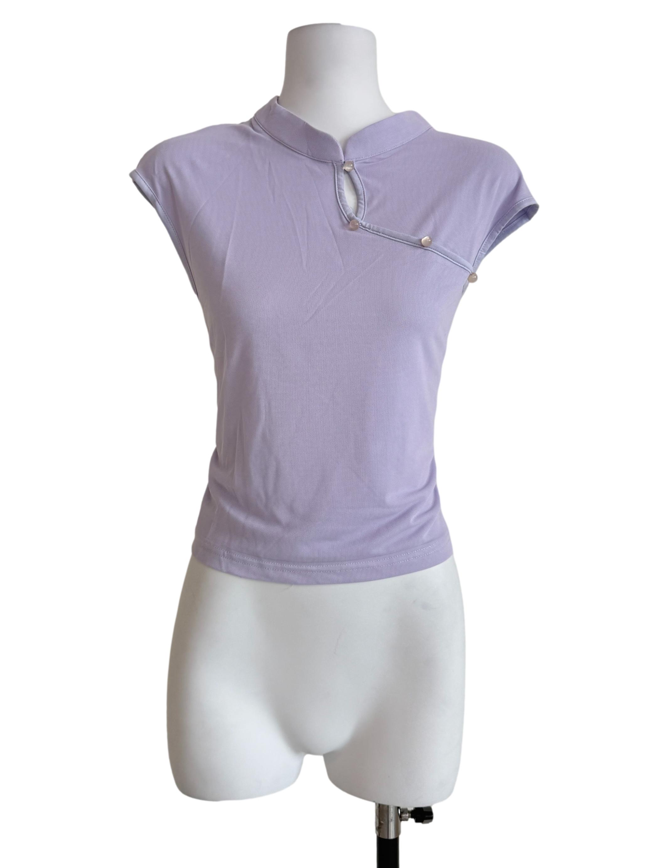 Purple Daniah Mandarin Collar Mesh Top