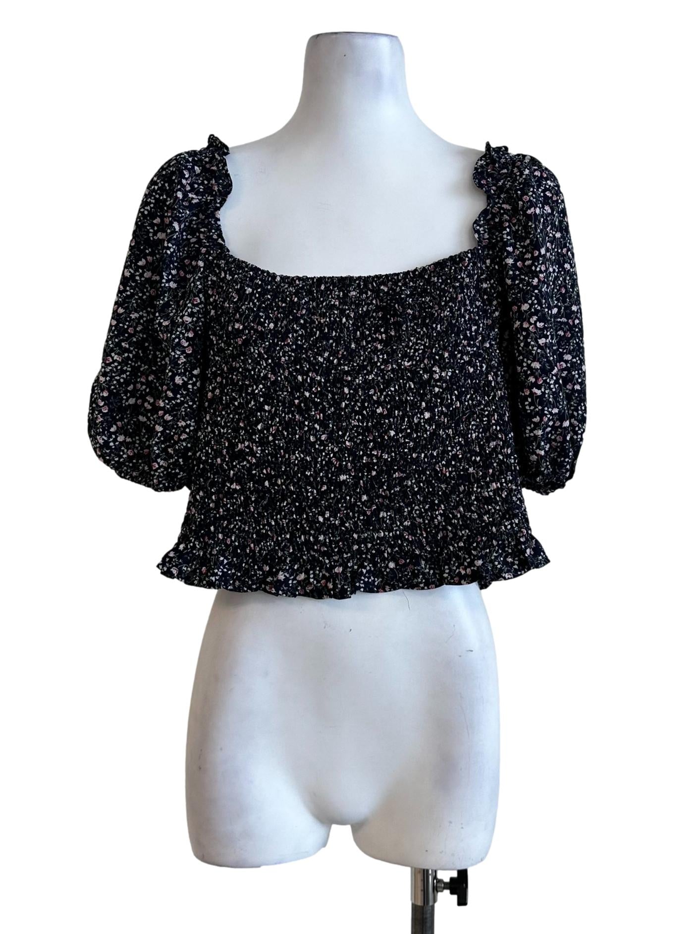 Blue Black Flower Pattern Top