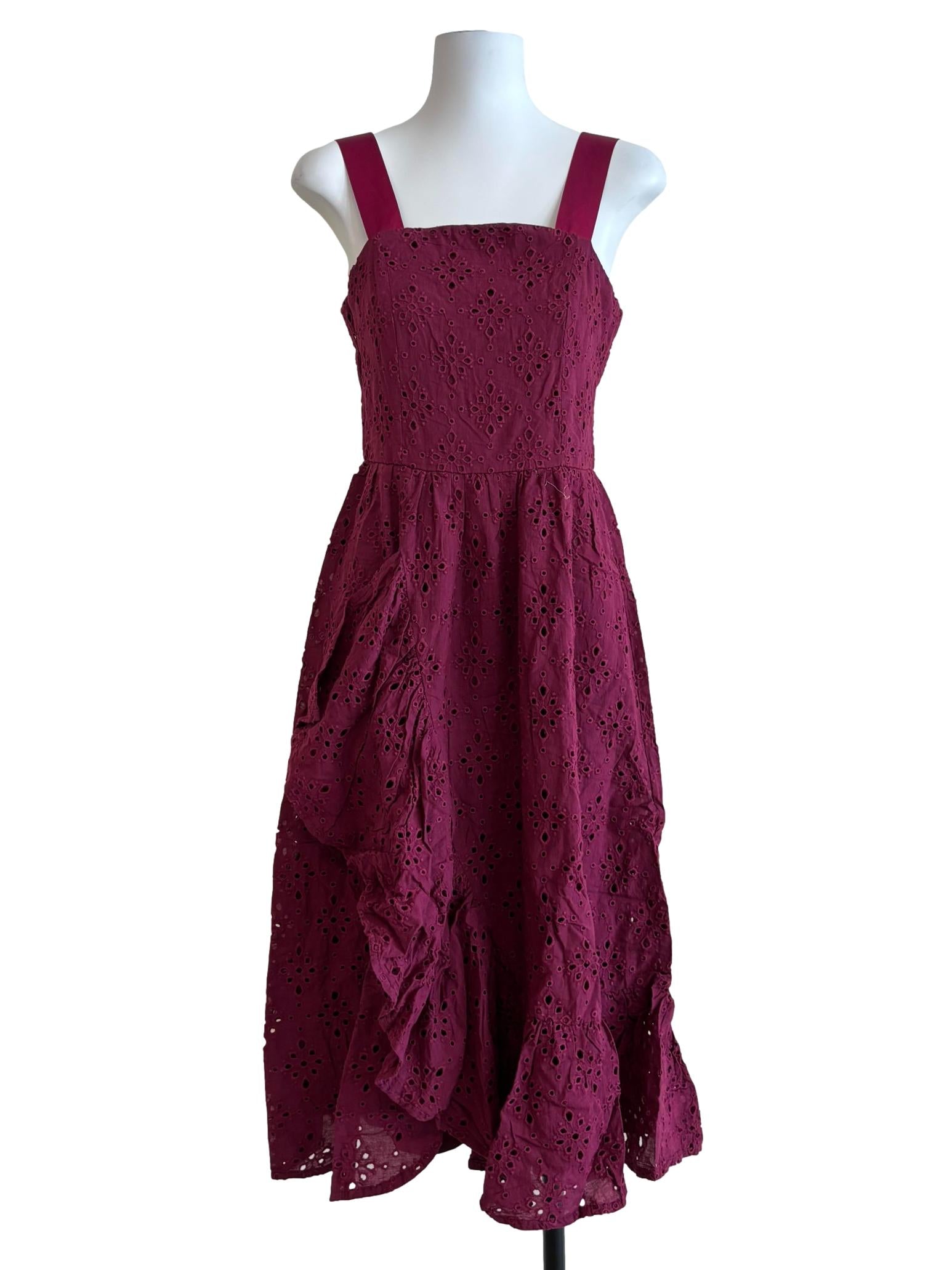 Burgundy Sleeveless Cotton Eyelet Dress