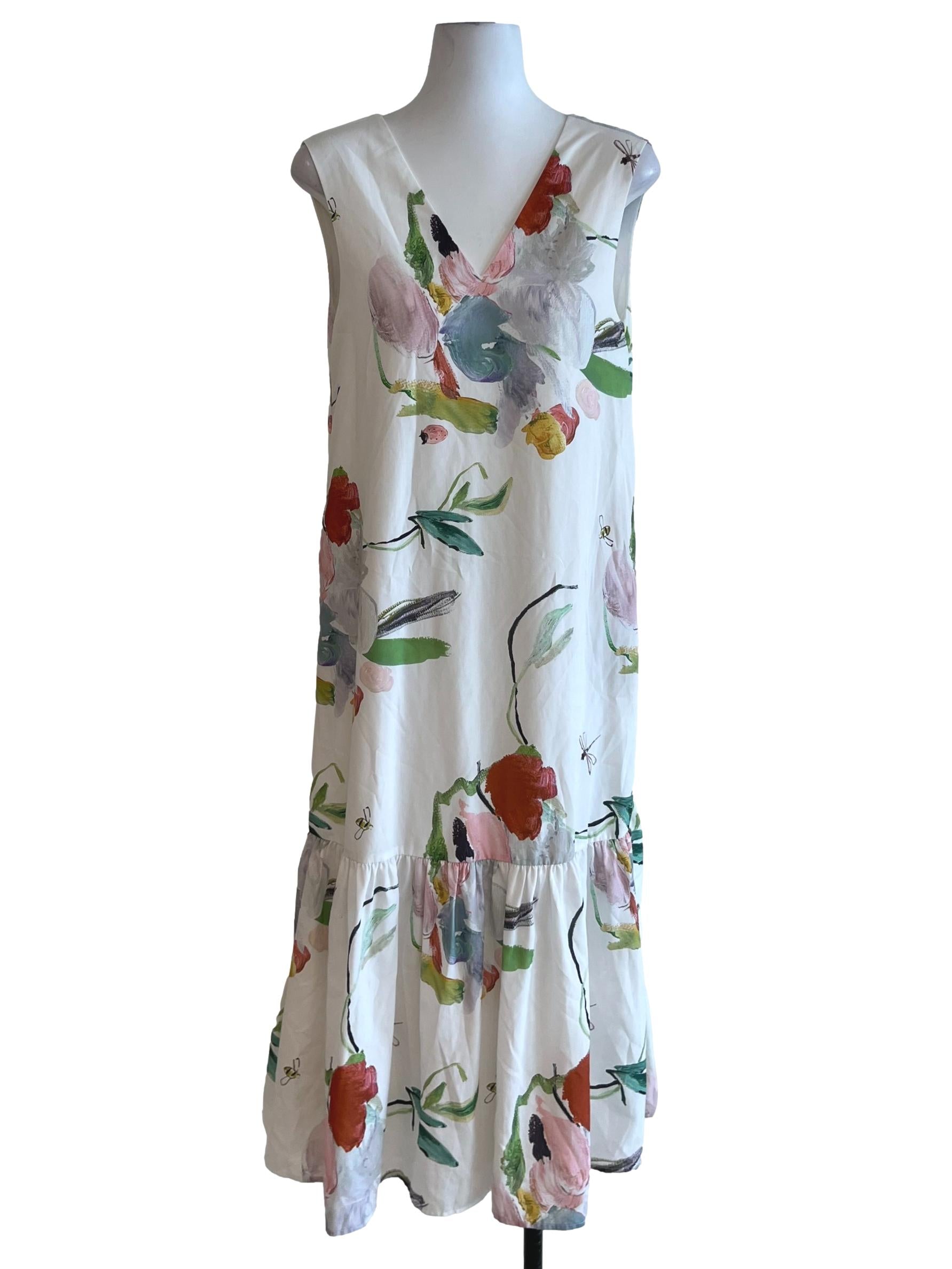White Floral Drop Waist Dress