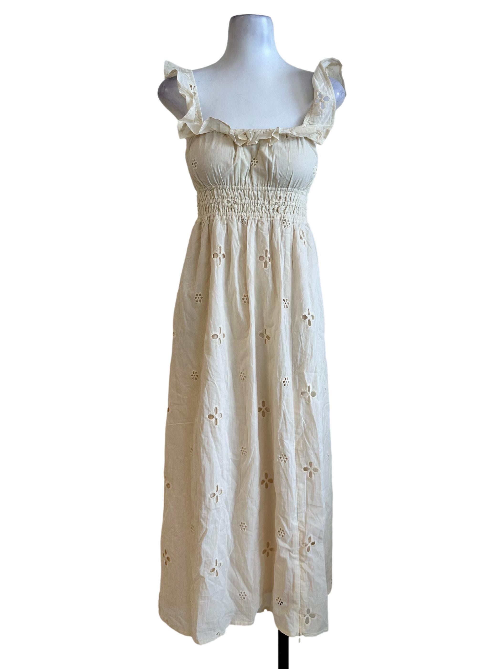 Cream White Padded Embroidery Pattern Dress