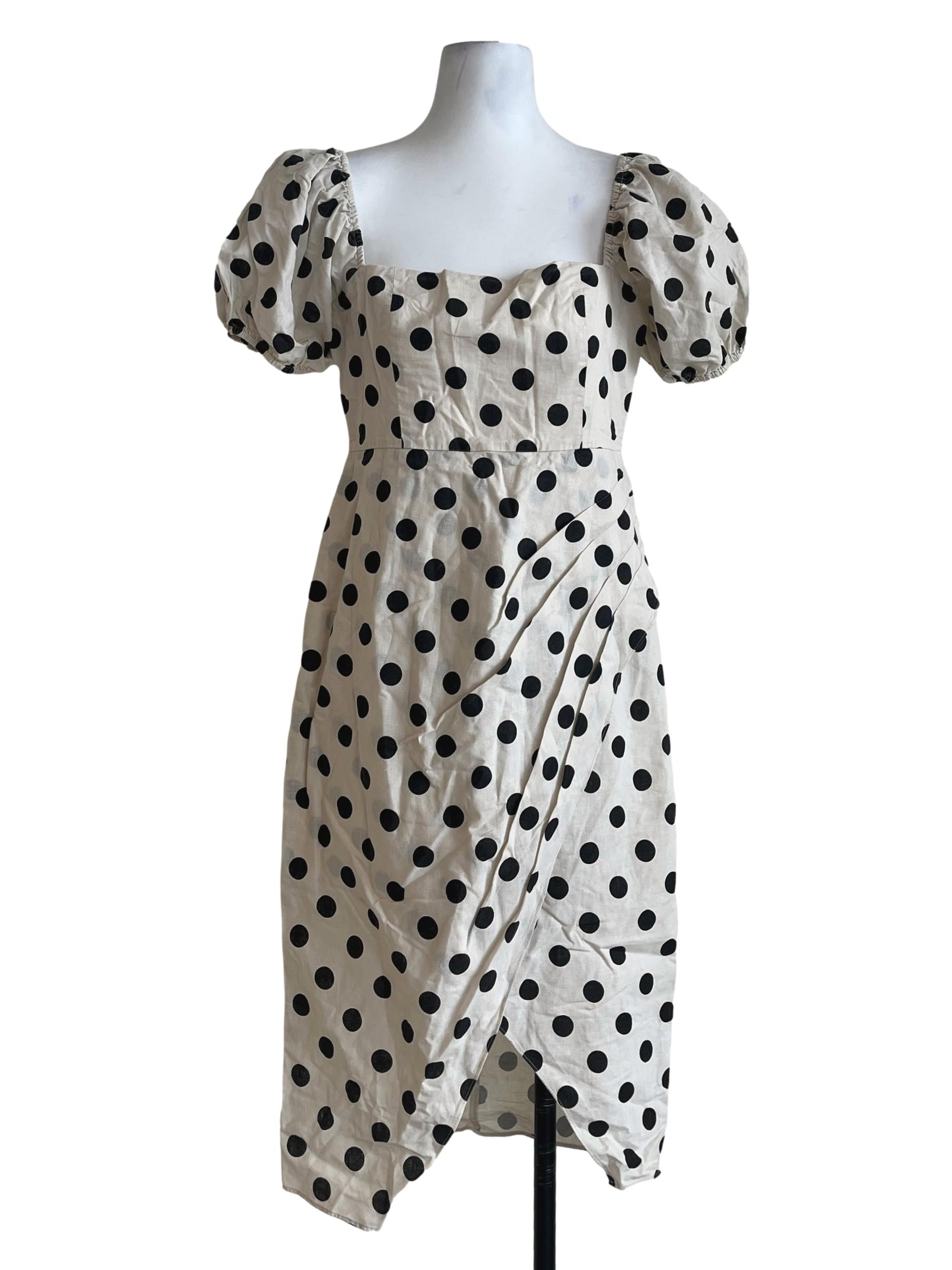 Beige White Square Polkadot A-Line Dress