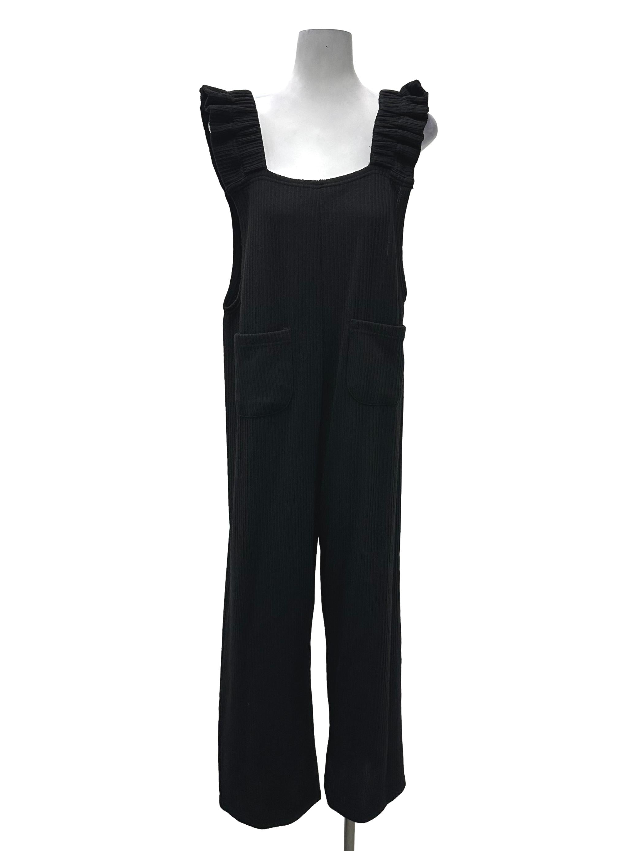 Black Ruffled Ribbed Jumpsuit
