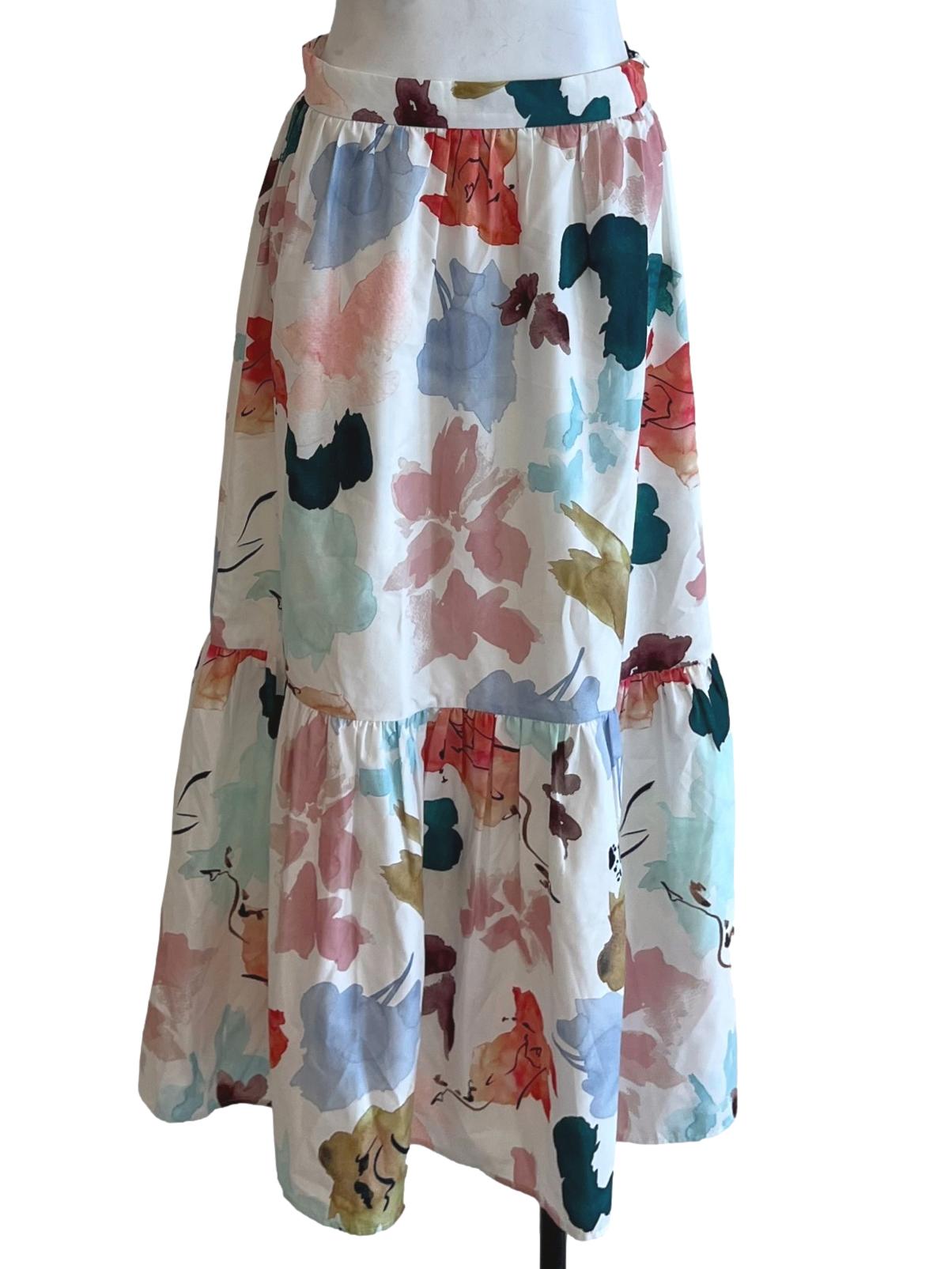 White Floral Drop Waist Tiered Skirt