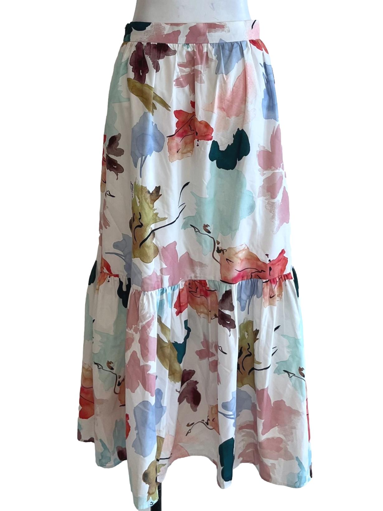 White Floral Drop Waist Tiered Skirt