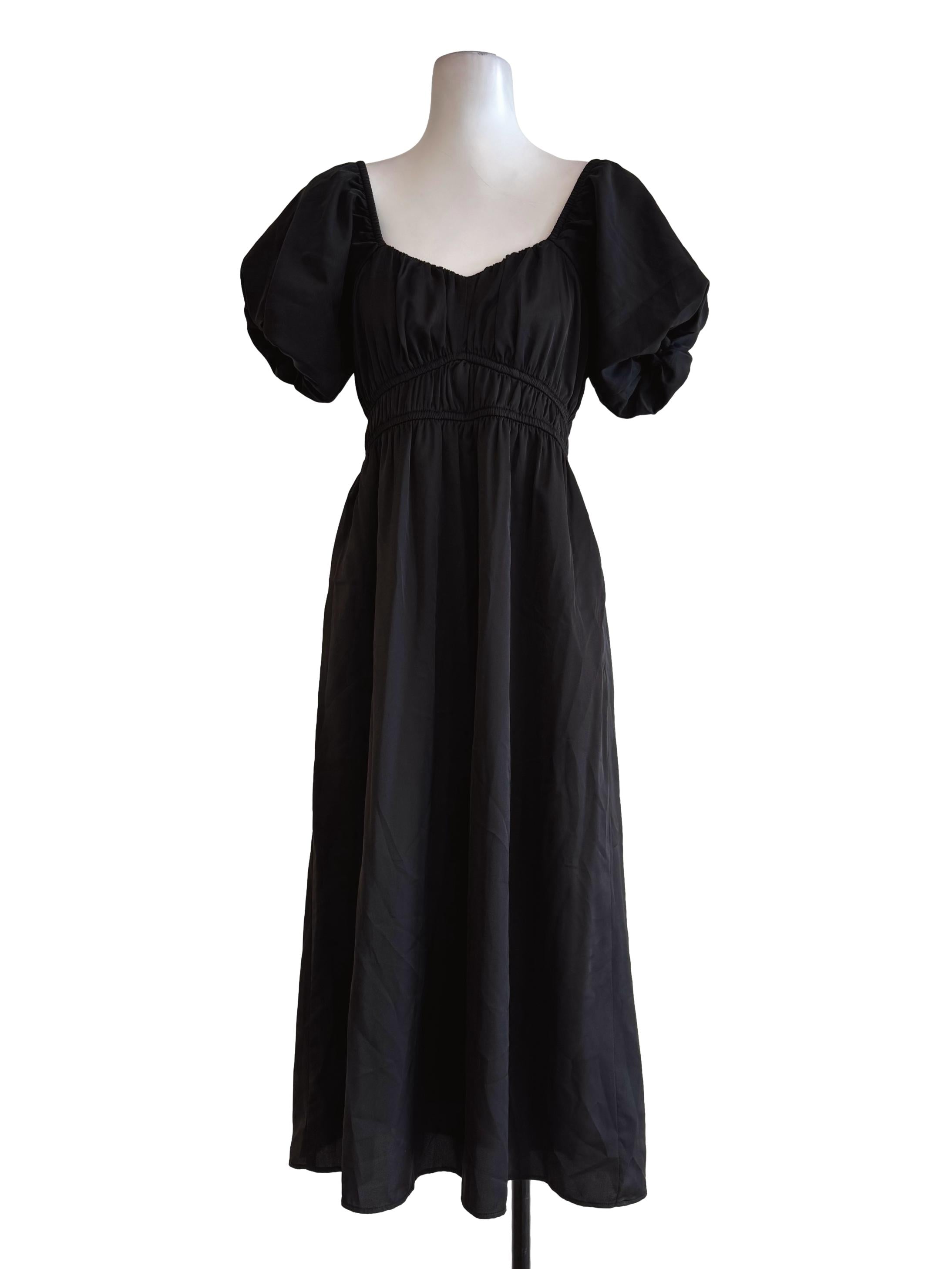 Silky Black Bubble Sleeve Dress