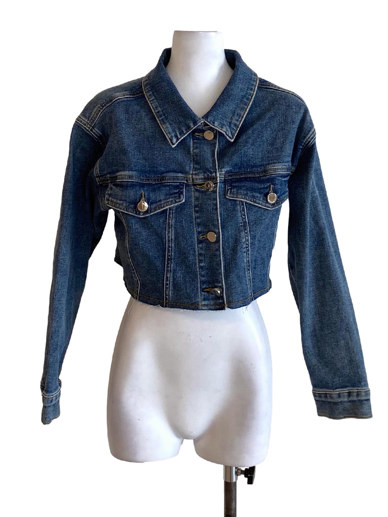 Denim Blue Buttoned Down Collared Cropped Denim Jacket
