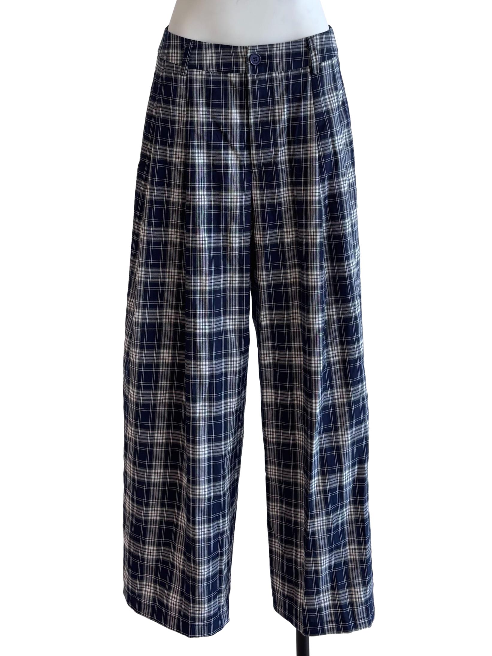 Navy Blue Plaid Wide Pants