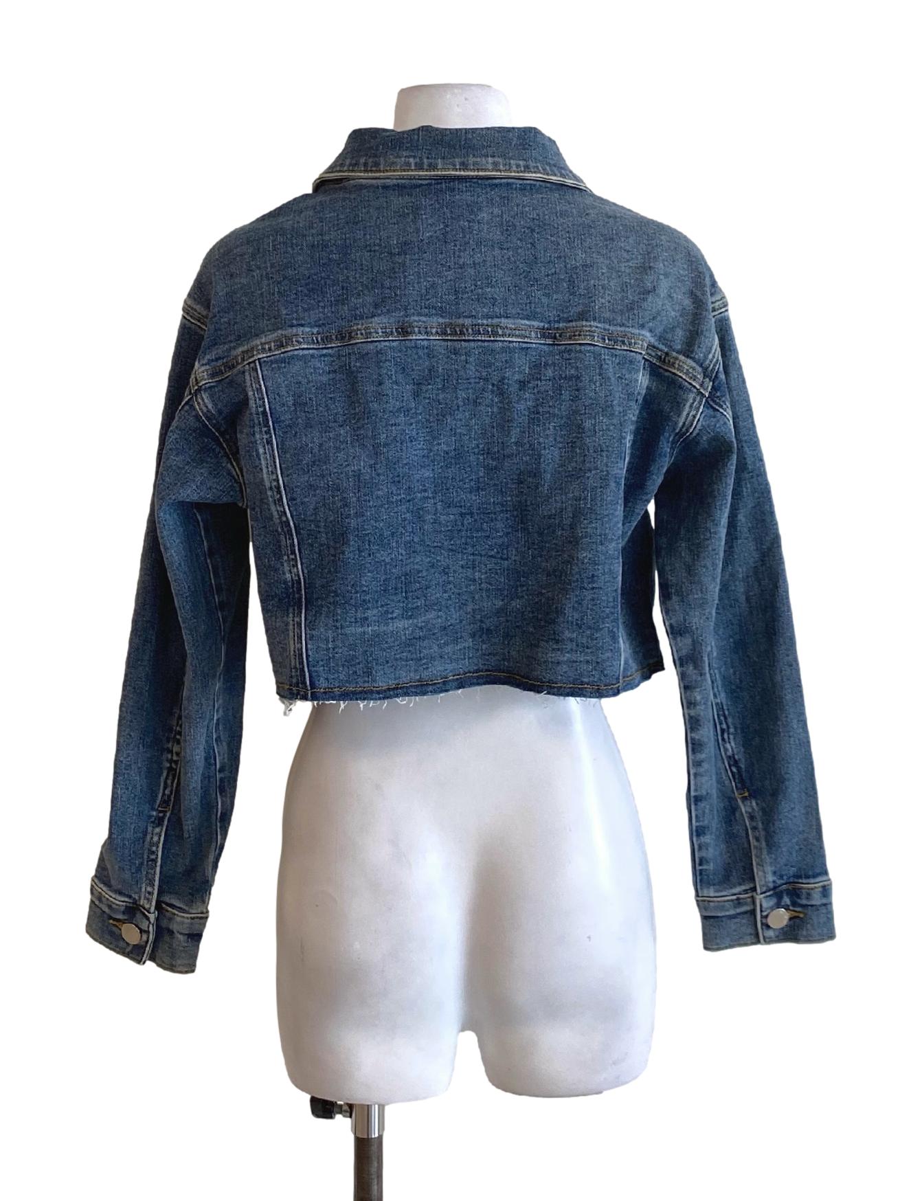 Denim Blue Buttoned Down Collared Cropped Denim Jacket