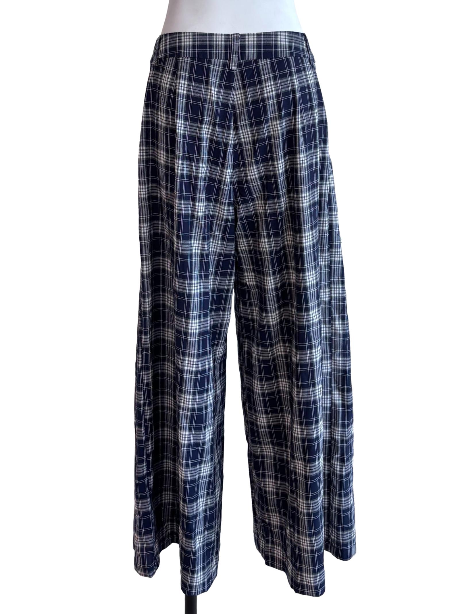 Navy Blue Plaid Wide Pants