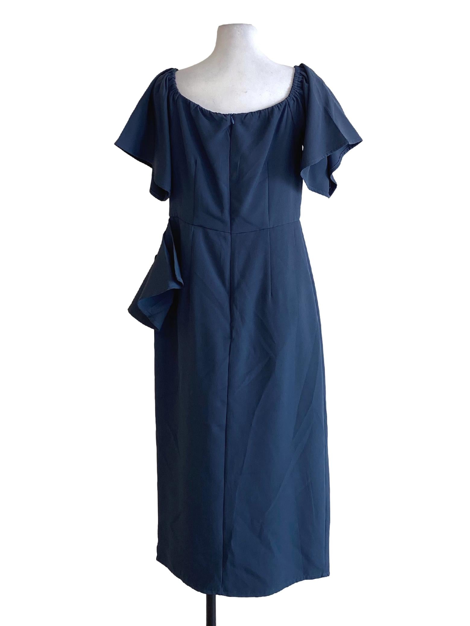 Deep Sea Blue Square Neck Ruffle Cape Sheath Dress