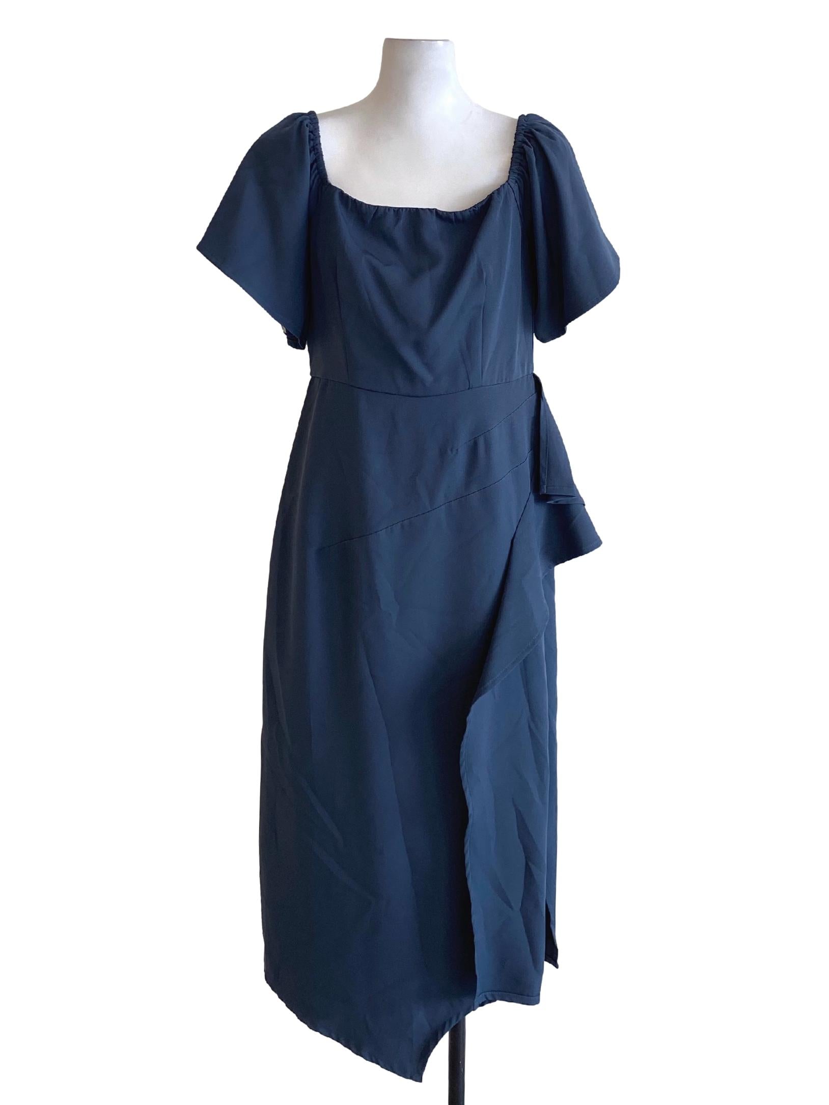 Deep Sea Blue Square Neck Ruffle Cape Sheath Dress
