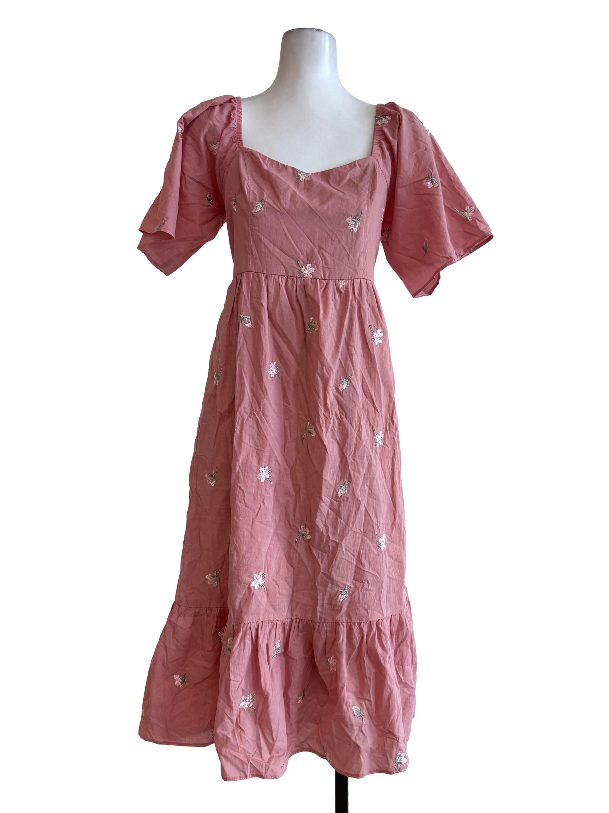 Salmon Pink Embroidery Queen Anne Neck Dress