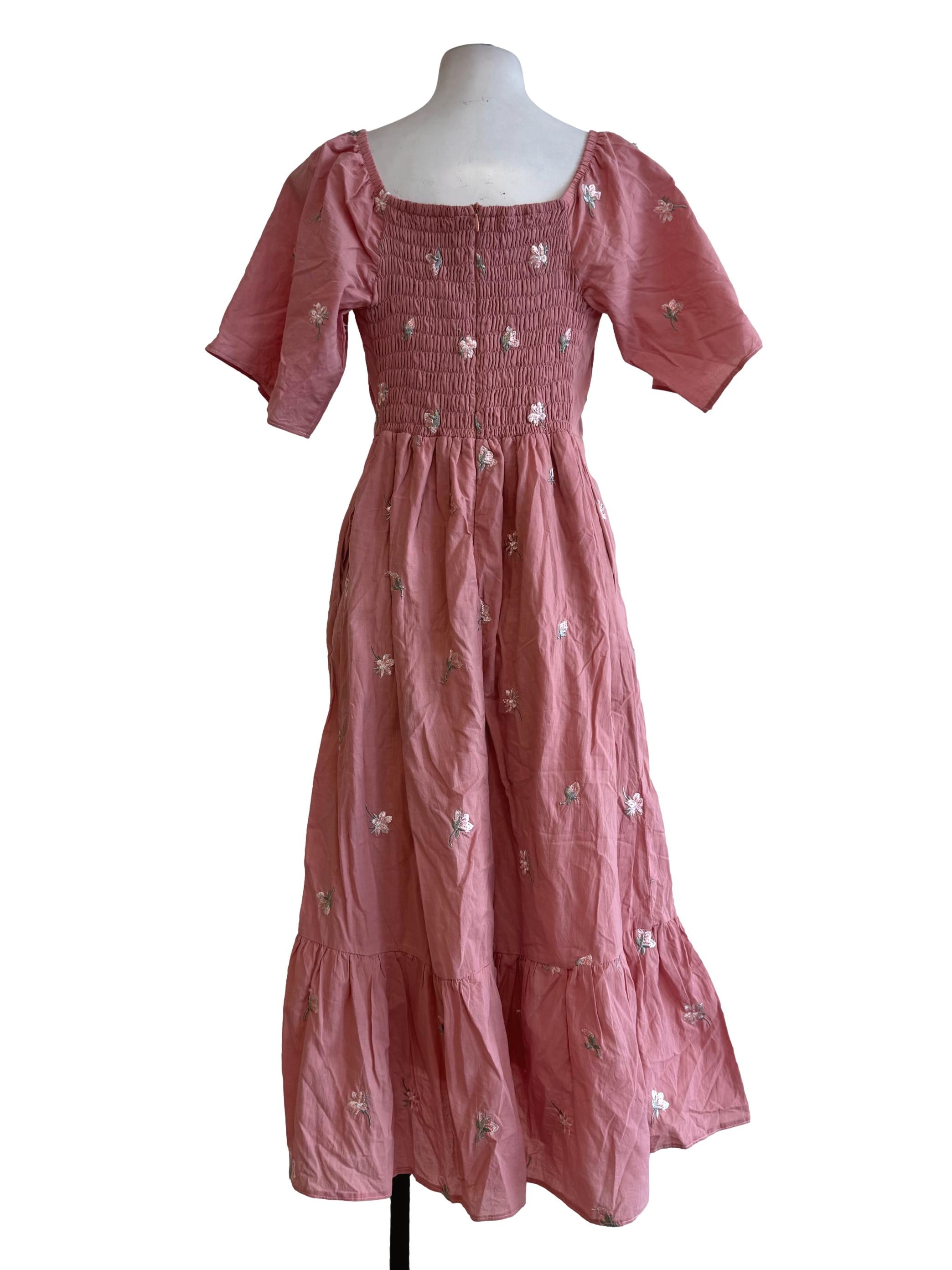 Salmon Pink Embroidery Queen Anne Neck Dress