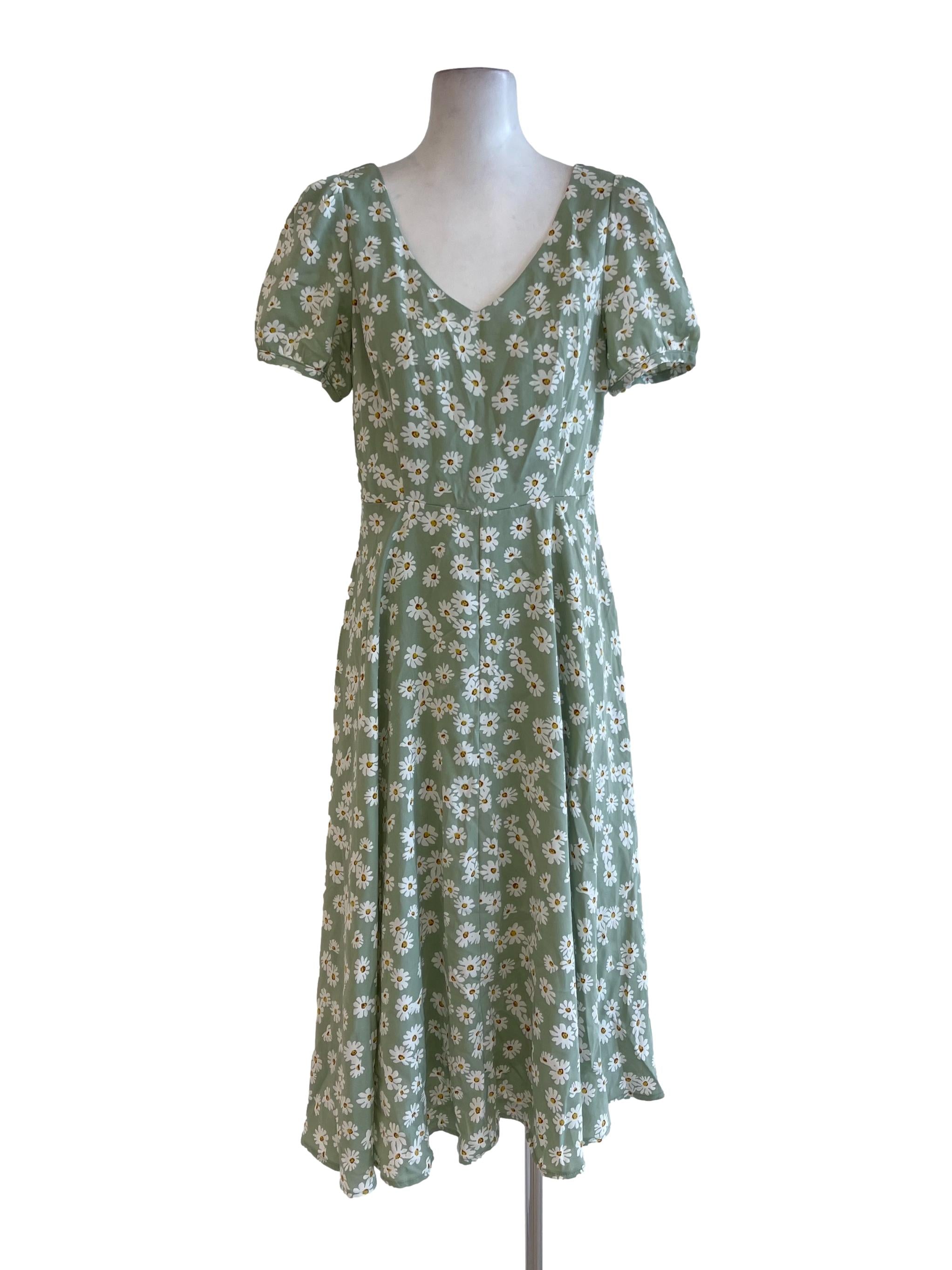 Soft Green Floral V Neck Peasant Dress